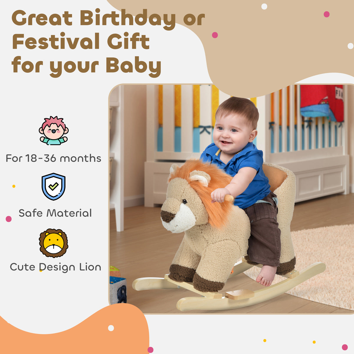Baby Rocking Horse, Plush Animal Rocker Lion with Sound, Handle Grip for 18-36 Months, Brown-Toys & Games > Baby & Toddler Toys > Riding & Rocking Toys > Rocking Horses-DECOROLALA