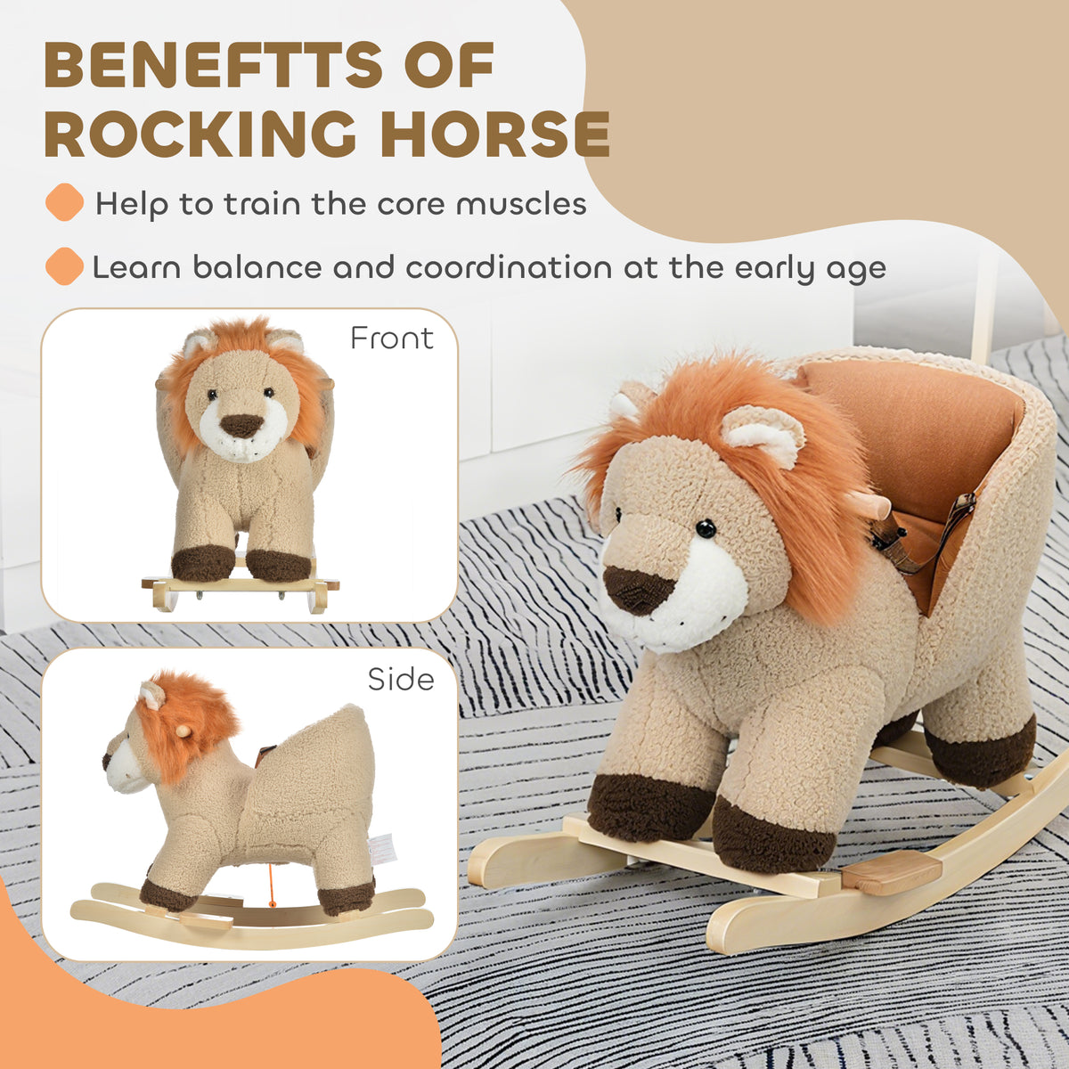 Baby Rocking Horse, Plush Animal Rocker Lion with Sound, Handle Grip for 18-36 Months, Brown-Toys & Games > Baby & Toddler Toys > Riding & Rocking Toys > Rocking Horses-DECOROLALA