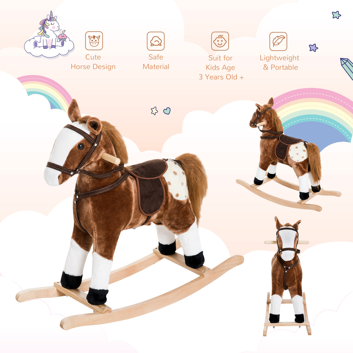 Baby Rocking Horse, Children Plush Animal Rocker, Kid Ride on Toy with Realistic Sound, Handle Grip, Brown-Toys & Games > Baby & Toddler Toys > Riding & Rocking Toys > Rocking Horses-DECOROLALA