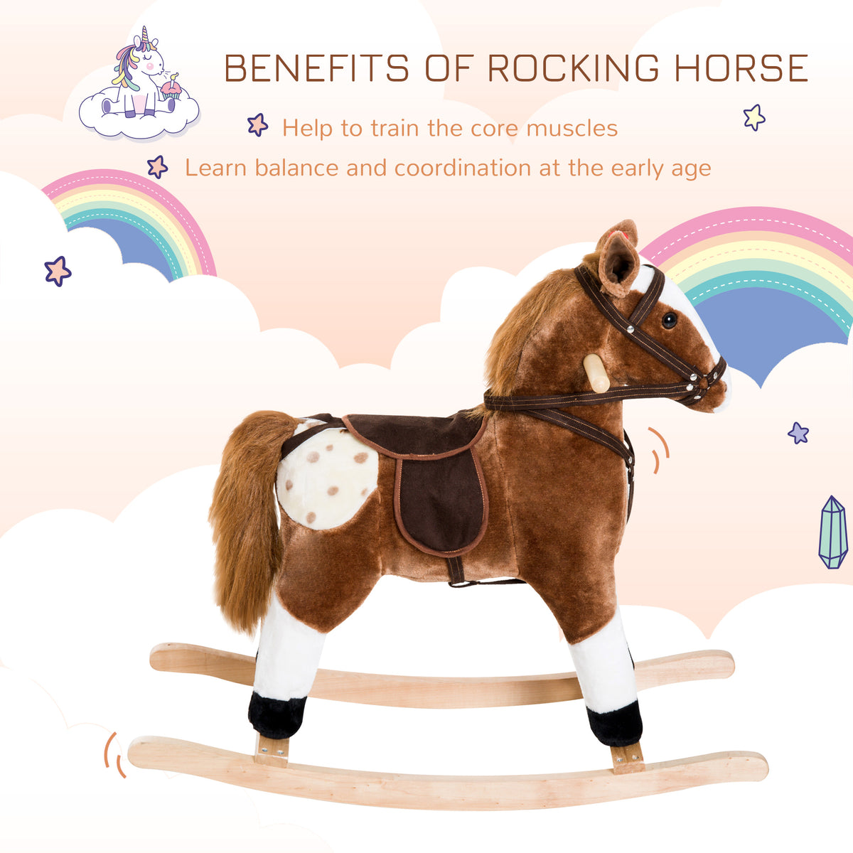 Baby Rocking Horse, Children Plush Animal Rocker, Kid Ride on Toy with Realistic Sound, Handle Grip, Brown-Toys & Games > Baby & Toddler Toys > Riding & Rocking Toys > Rocking Horses-DECOROLALA