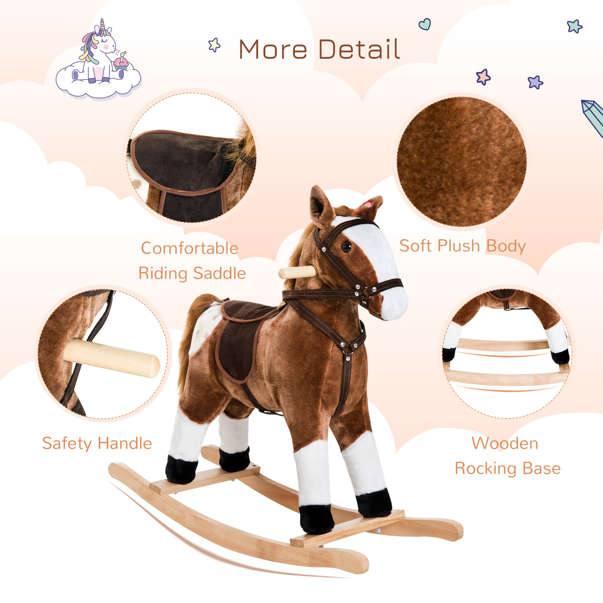 Baby Rocking Horse, Children Plush Animal Rocker, Kid Ride on Toy with Realistic Sound, Handle Grip, Brown-Toys & Games > Baby & Toddler Toys > Riding & Rocking Toys > Rocking Horses-DECOROLALA