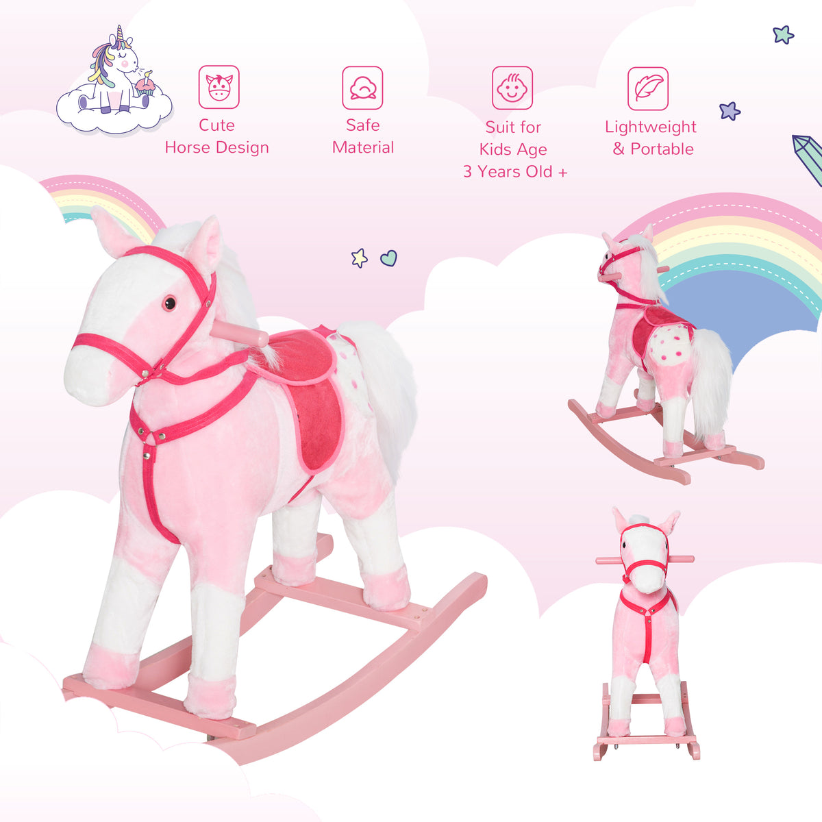 Rocking Horse Plush Pony Children Kid Ride on Toy w/ Realistic Sound (Light Pink)-Toys & Games > Baby & Toddler Toys > Riding & Rocking Toys > Rocking Horses-DECOROLALA