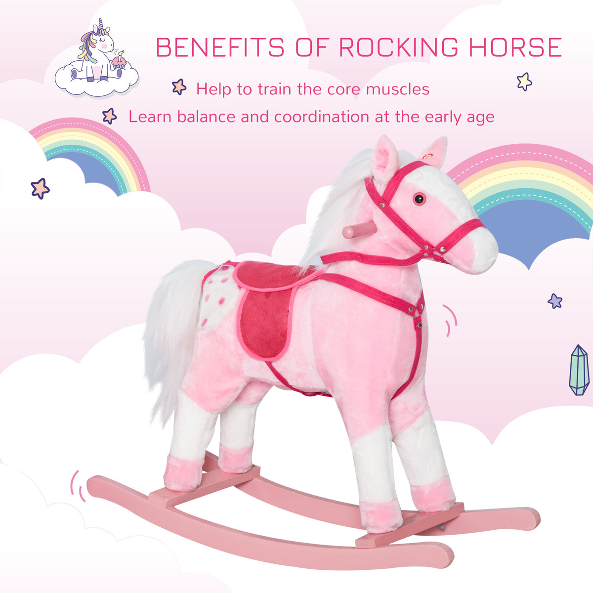 Rocking Horse Plush Pony Children Kid Ride on Toy w/ Realistic Sound (Light Pink)-Toys & Games > Baby & Toddler Toys > Riding & Rocking Toys > Rocking Horses-DECOROLALA