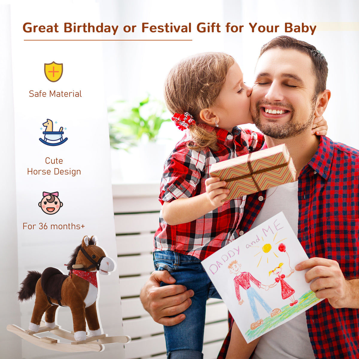 Plush Rocking Horse Toy for Kids - Coffee with Realistic Sounds-Toys & Games > Baby & Toddler Toys > Riding & Rocking Toys > Rocking Horses-DECOROLALA