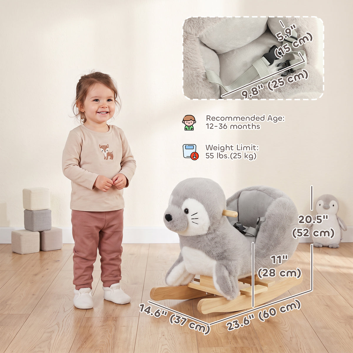 Baby Rocking Horse, Plush Seal Ride-On Toy for Toddlers 12-36 Months, Kids Animal Rocker with Sounds, Grey-Toys & Games > Baby & Toddler Toys > Riding & Rocking Toys > Rocking Horses-DECOROLALA