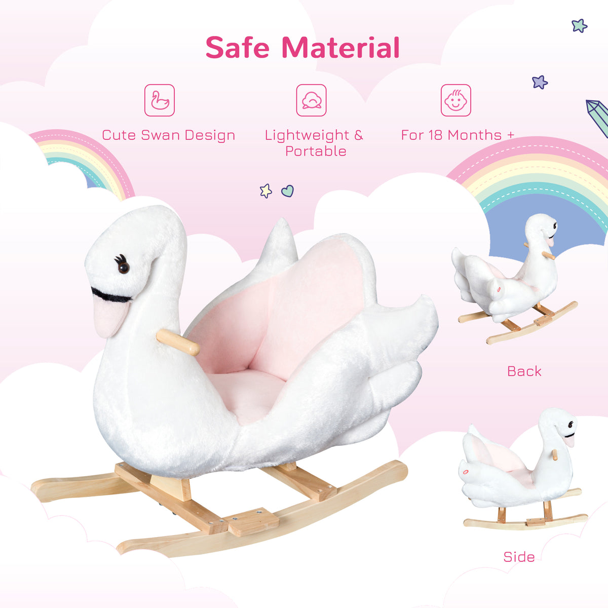 Baby Rocking Horse, Plush Animal Rocker Swan with Sound, Handle Grip for 18+ Months, White-Toys & Games > Baby & Toddler Toys > Riding & Rocking Toys > Rocking Horses-DECOROLALA