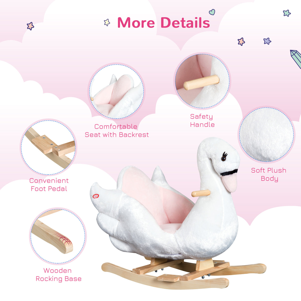 Baby Rocking Horse, Plush Animal Rocker Swan with Sound, Handle Grip for 18+ Months, White-Toys & Games > Baby & Toddler Toys > Riding & Rocking Toys > Rocking Horses-DECOROLALA