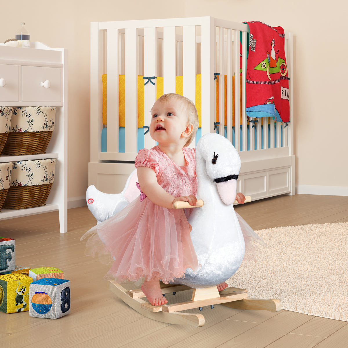 Baby Rocking Horse, Plush Animal Rocker Swan with Sound, Handle Grip for 18+ Months, White-Toys & Games > Baby & Toddler Toys > Riding & Rocking Toys > Rocking Horses-DECOROLALA