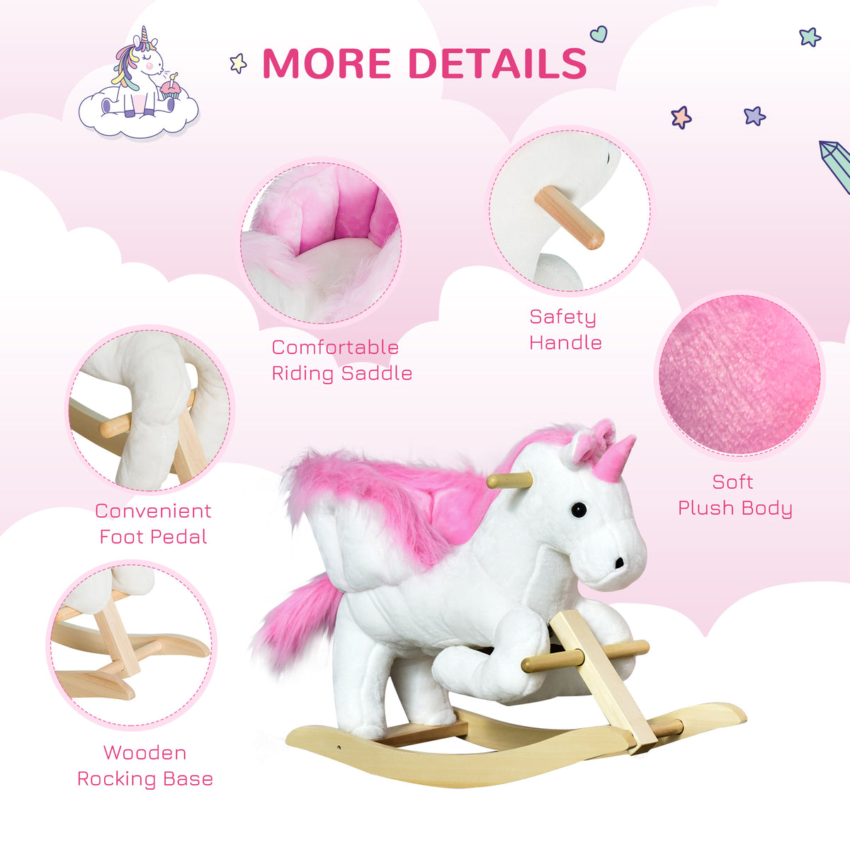 Plush Unicorn Rocking Horse for Toddlers - Pink/White-Toys & Games > Baby & Toddler Toys > Riding & Rocking Toys > Rocking Horses-DECOROLALA