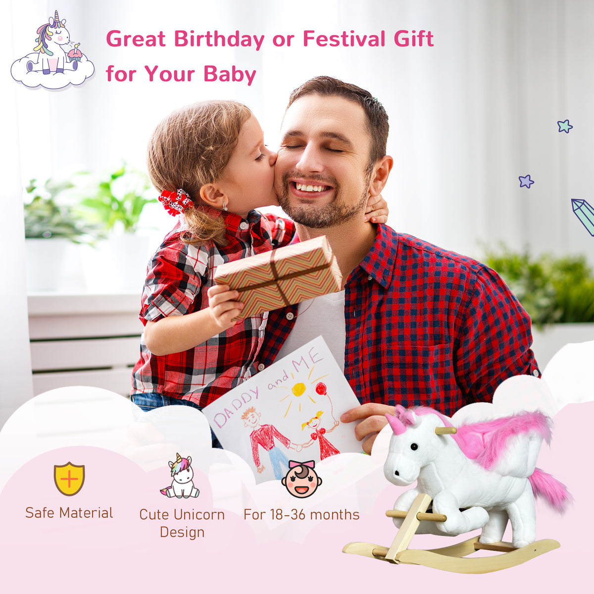 Plush Unicorn Rocking Horse for Toddlers - Pink/White-Toys & Games > Baby & Toddler Toys > Riding & Rocking Toys > Rocking Horses-DECOROLALA
