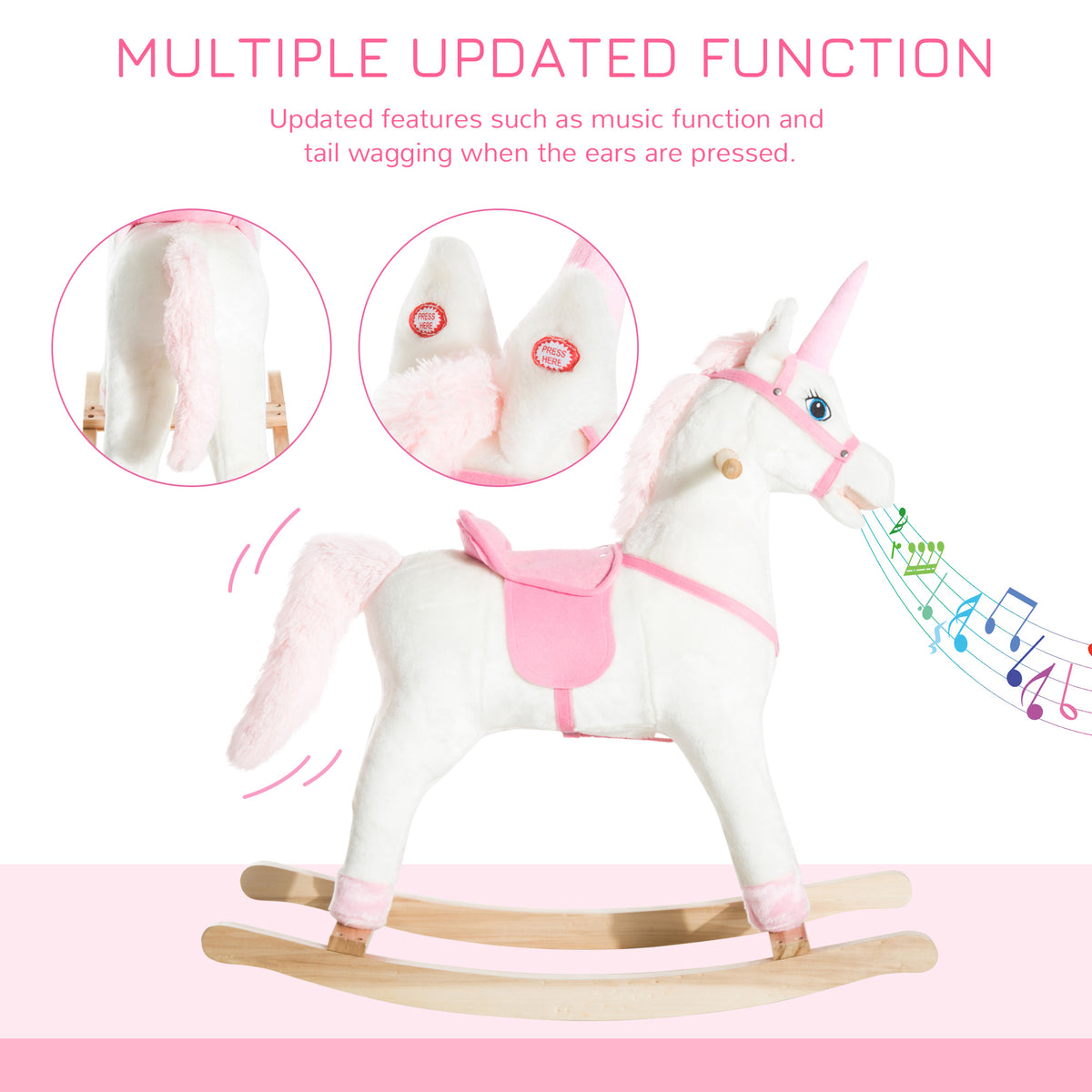 Kids Plush Toy Rocking Horse Unicorn with Realistic Sounds, White & Pink-Toys & Games > Baby & Toddler Toys > Riding & Rocking Toys > Rocking Horses-DECOROLALA