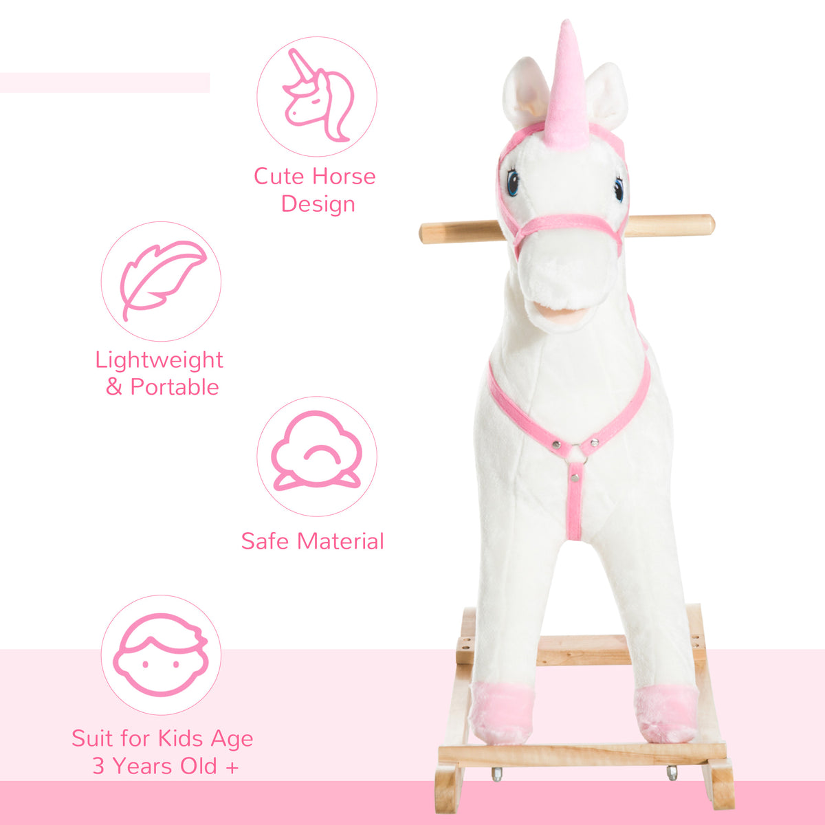 Kids Plush Toy Rocking Horse Unicorn with Realistic Sounds, White & Pink-Toys & Games > Baby & Toddler Toys > Riding & Rocking Toys > Rocking Horses-DECOROLALA