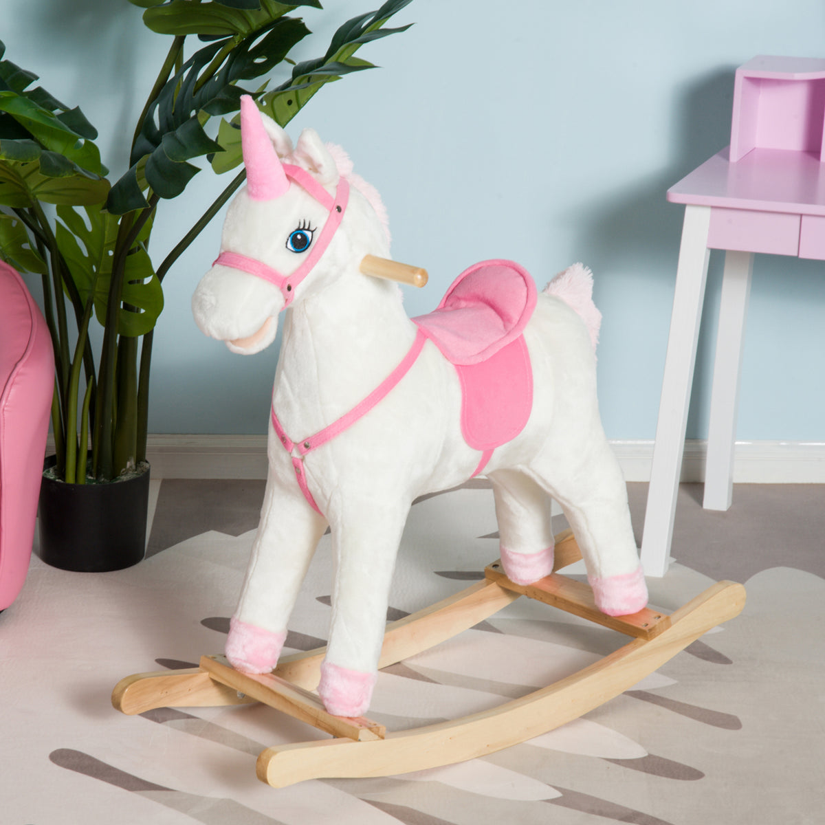Kids Plush Toy Rocking Horse Unicorn with Realistic Sounds, White & Pink-Toys & Games > Baby & Toddler Toys > Riding & Rocking Toys > Rocking Horses-DECOROLALA