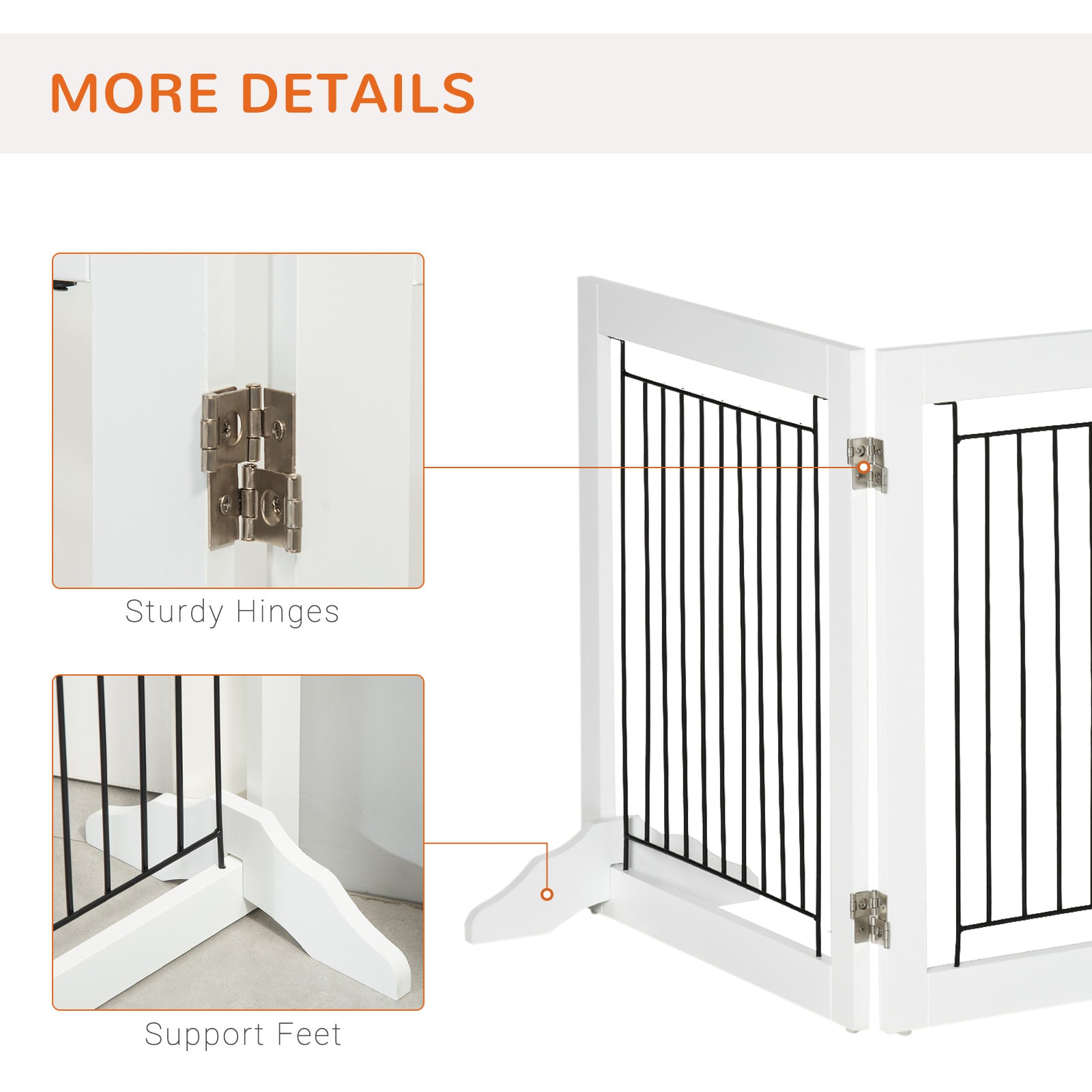 Barrière pour animaux autoportante, barrière pliante pour chiens avec 2 pieds de support, hauteur de 24", 3 panneaux, pour petits chiens, usage intérieur – blanche
