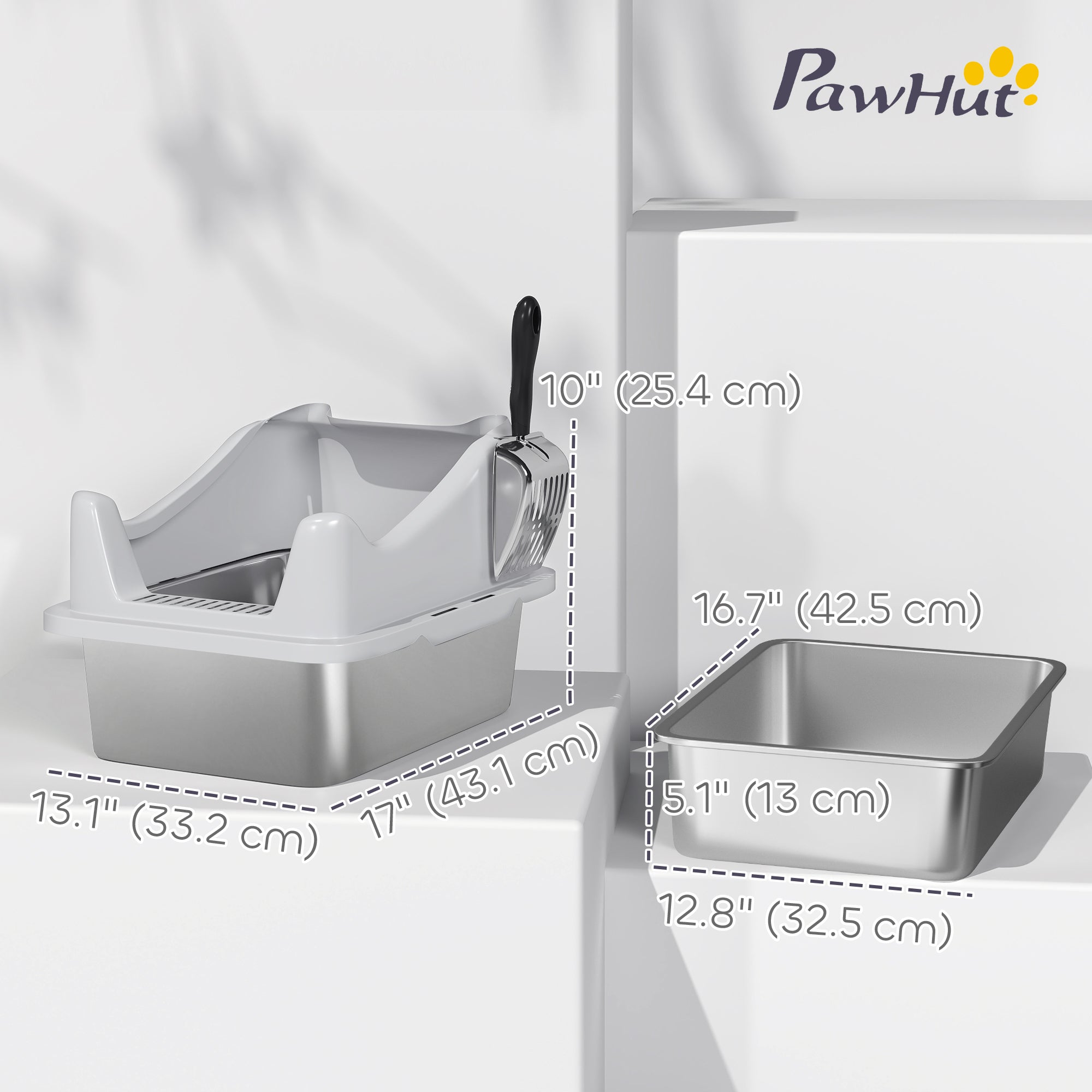 Cat Litter Box Stainless Steel with Metal Litter Scoop, Never Absorbs Odors, Anti Leakage, 17" x 13" x 10", Grey
