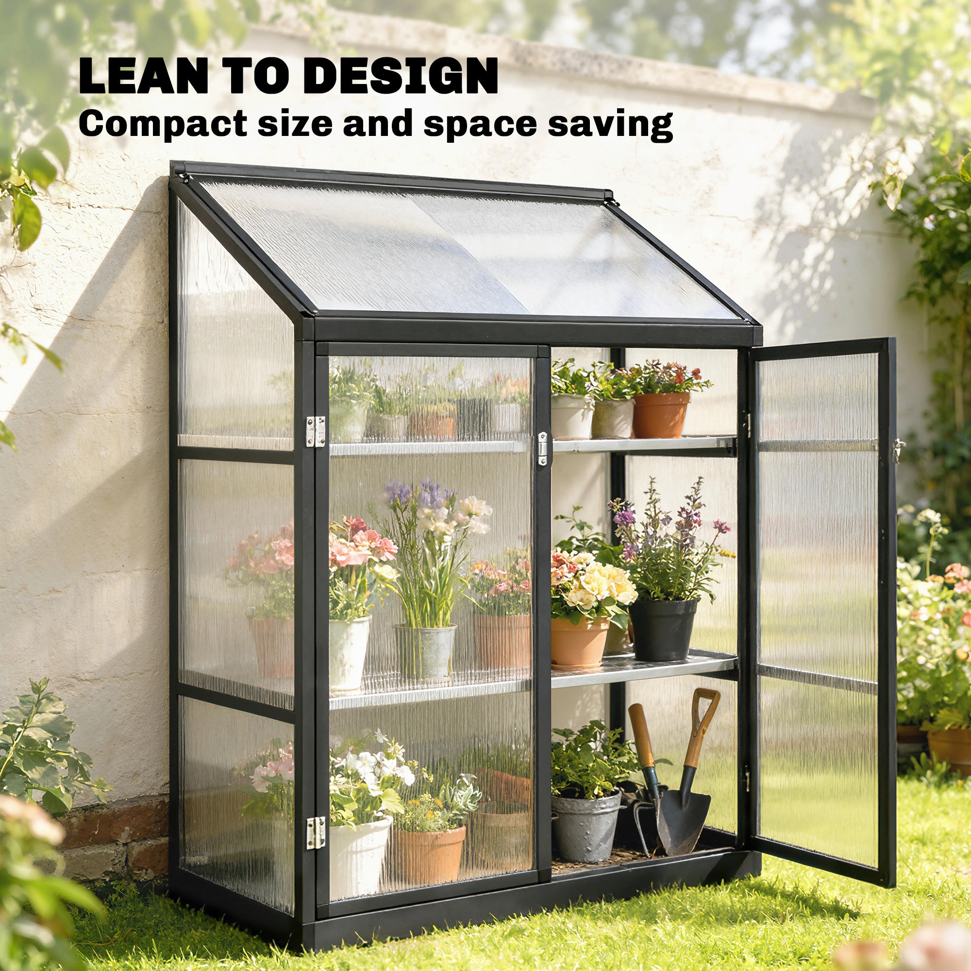 Polycarbonate Greenhouse - 2-Tier 47" Black Aluminum Frame-DECOROLALA