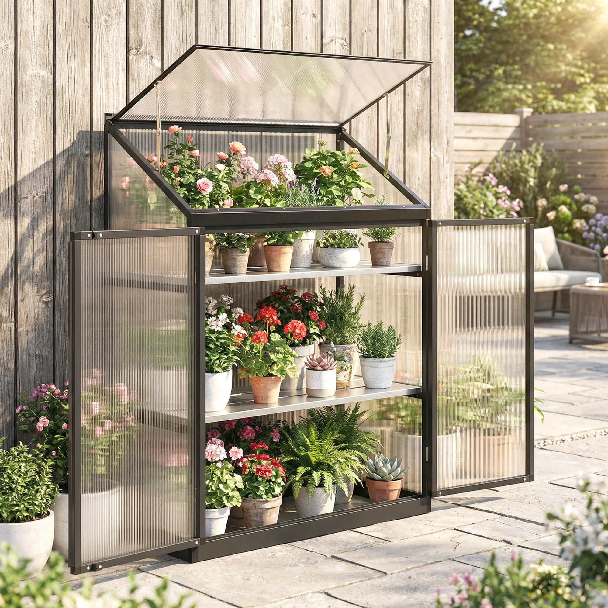 Polycarbonate Greenhouse - 2-Tier 47" Black Aluminum Frame-DECOROLALA