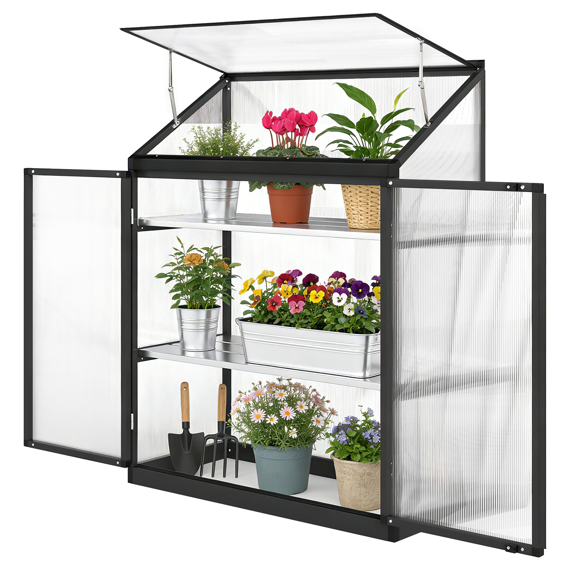 Polycarbonate Greenhouse - 2-Tier 47" Black Aluminum Frame-DECOROLALA