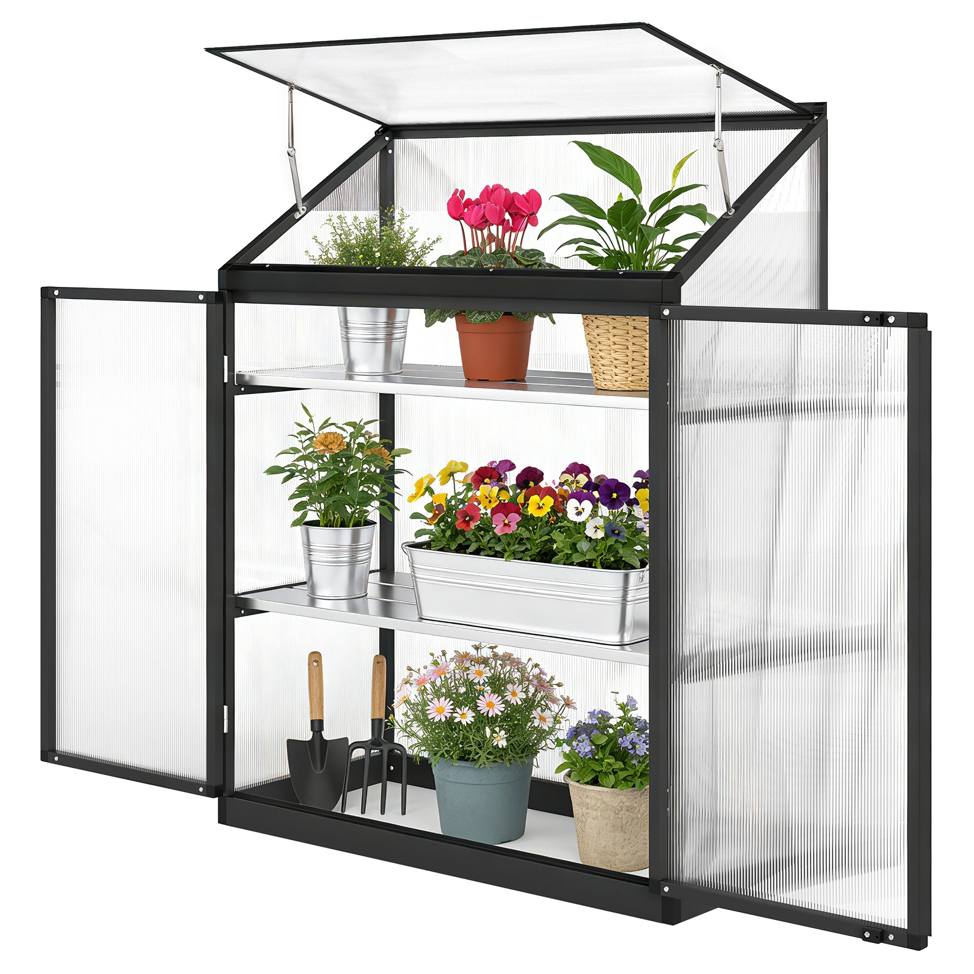 Polycarbonate Greenhouse - 2-Tier 47" Black Aluminum Frame-DECOROLALA