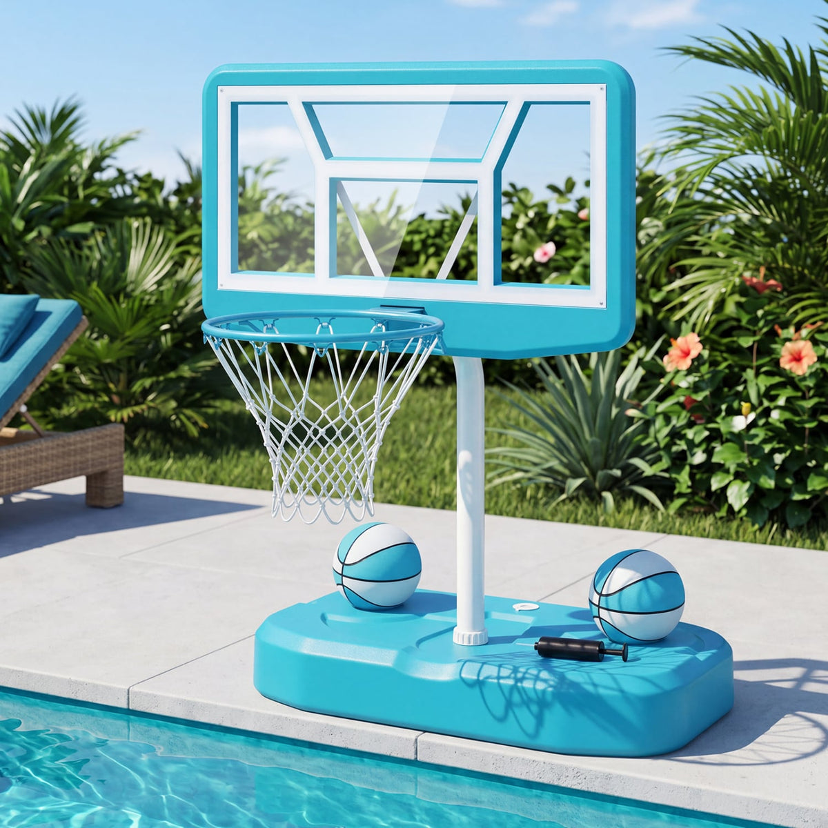Pool Basketball Hoop Set with 2 Balls and Pump for Water Games-Blue-Sporting Goods-DECOROLALA