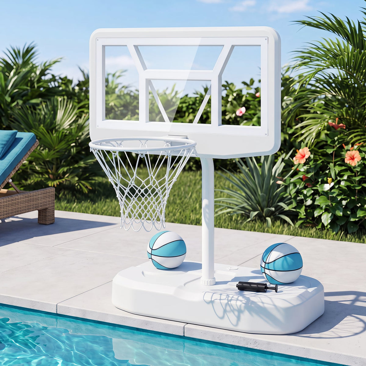 Pool Basketball Hoop Set with 2 Balls and Pump for Water Games-White-Sporting Goods-DECOROLALA