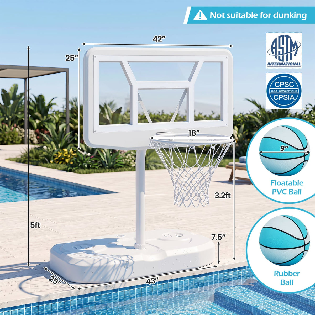 Pool Basketball Hoop Set with 2 Balls and Pump for Water Games-White-Sporting Goods-DECOROLALA