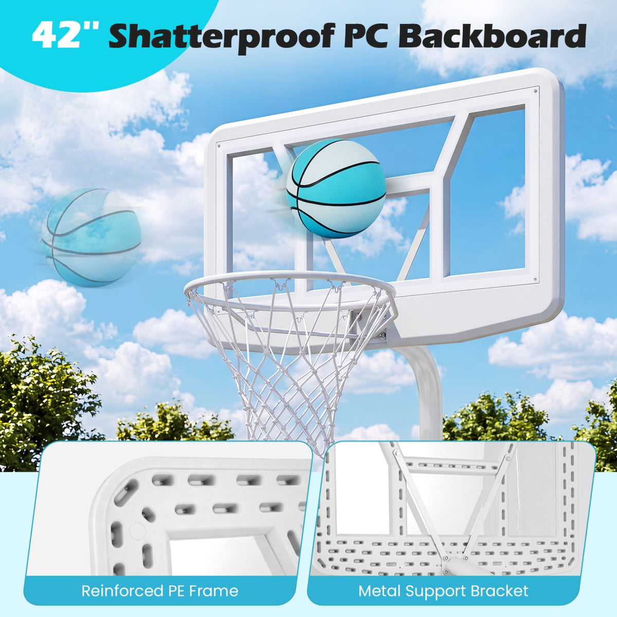 Pool Basketball Hoop Set with 2 Balls and Pump for Water Games-White-Sporting Goods-DECOROLALA
