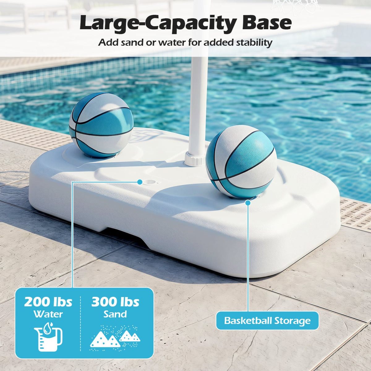Pool Basketball Hoop Set with 2 Balls and Pump for Water Games-White-Sporting Goods-DECOROLALA