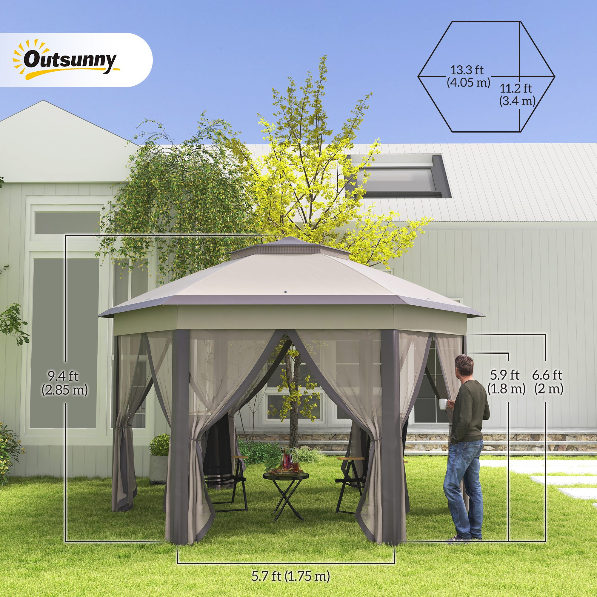 Pop Up Canopy 13' Hexagon - Coffee Beige-DECOROLALA
