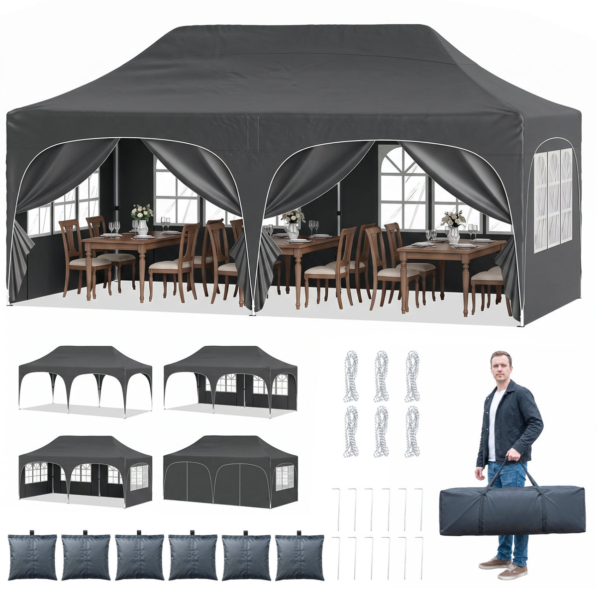 Pop Up Canopy Tent with 6 Removable Sidewalls for Patio-Black-Canopies-DECOROLALA