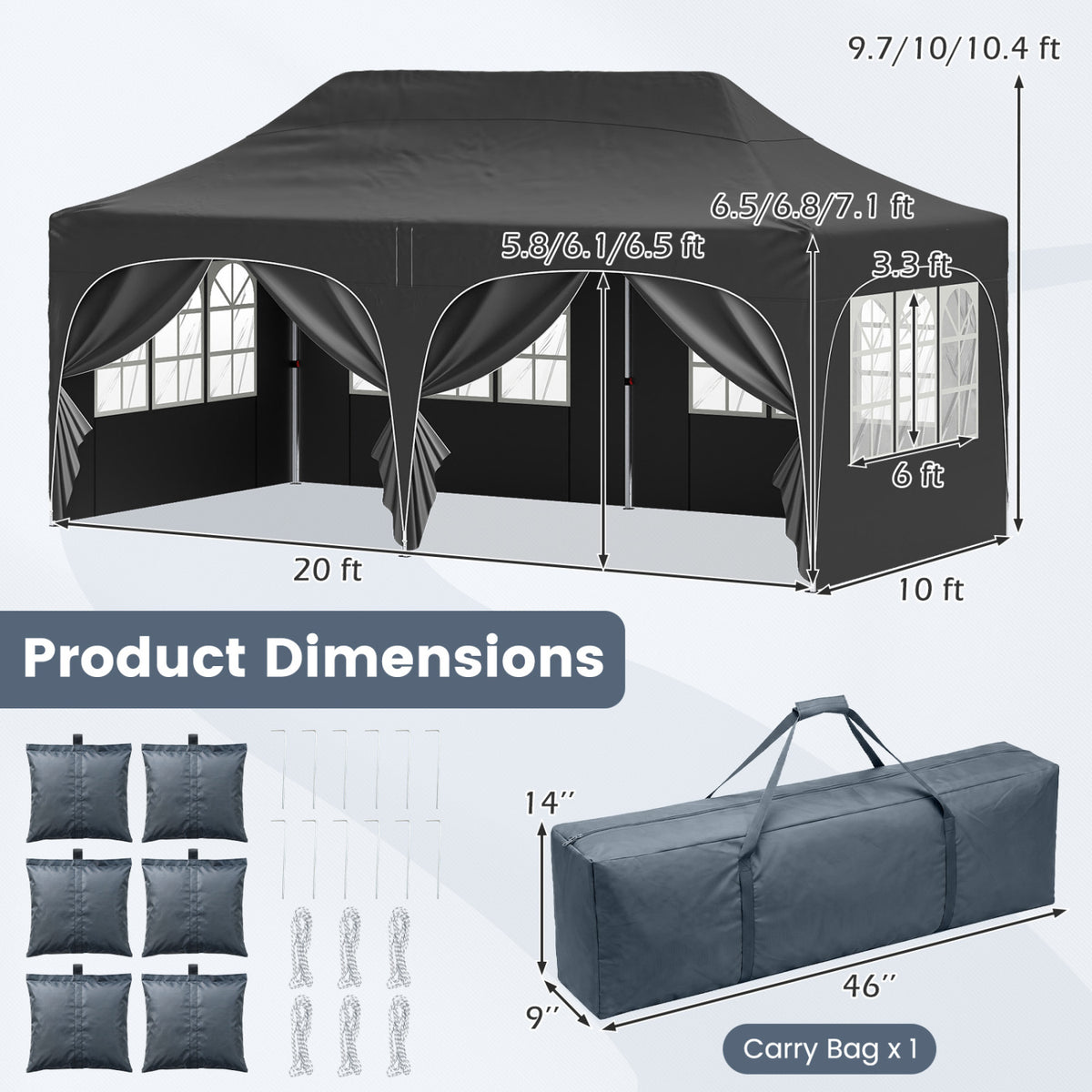 Pop Up Canopy Tent with 6 Removable Sidewalls for Patio-Black-Canopies-DECOROLALA