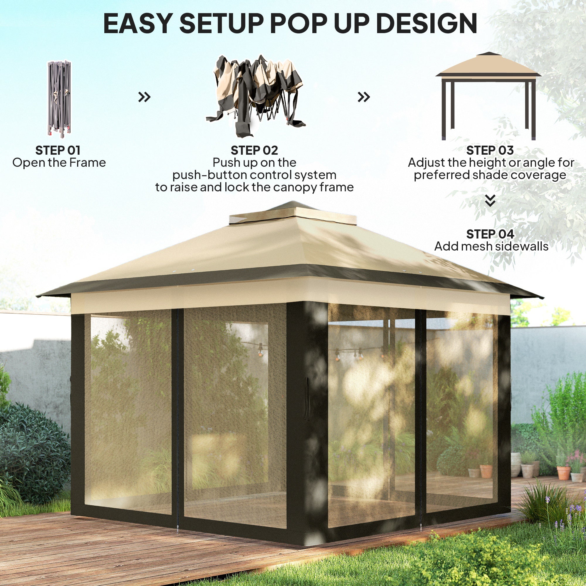 Pop Up Gazebo 11' x 11', Double Roof, Mesh Sidewalls, Adjustable Height, Carrying Bag-DECOROLALA