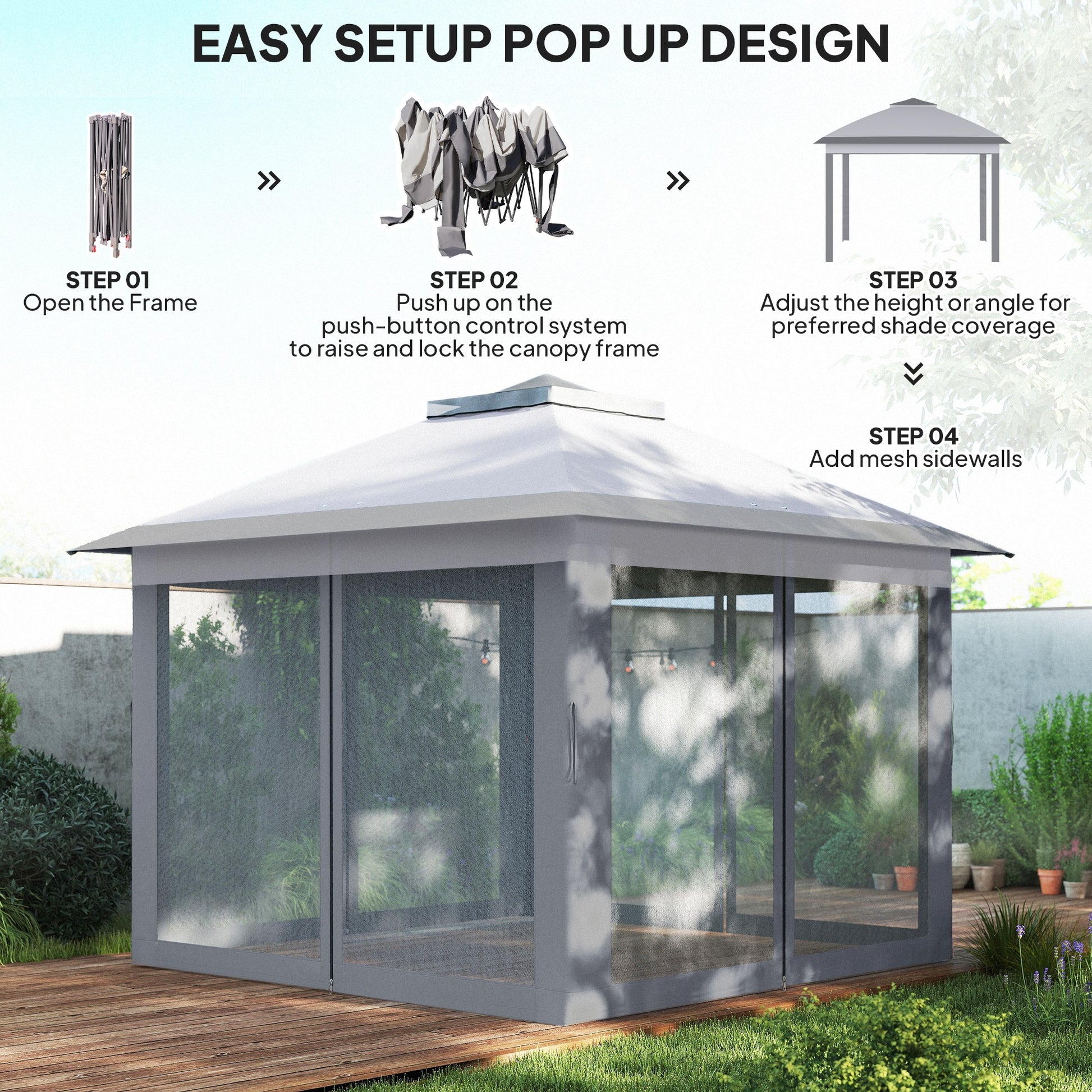 Pop Up Gazebo 11' x 11', Double Roof, Mesh Sidewalls, Adjustable Height, Carrying Bag-DECOROLALA