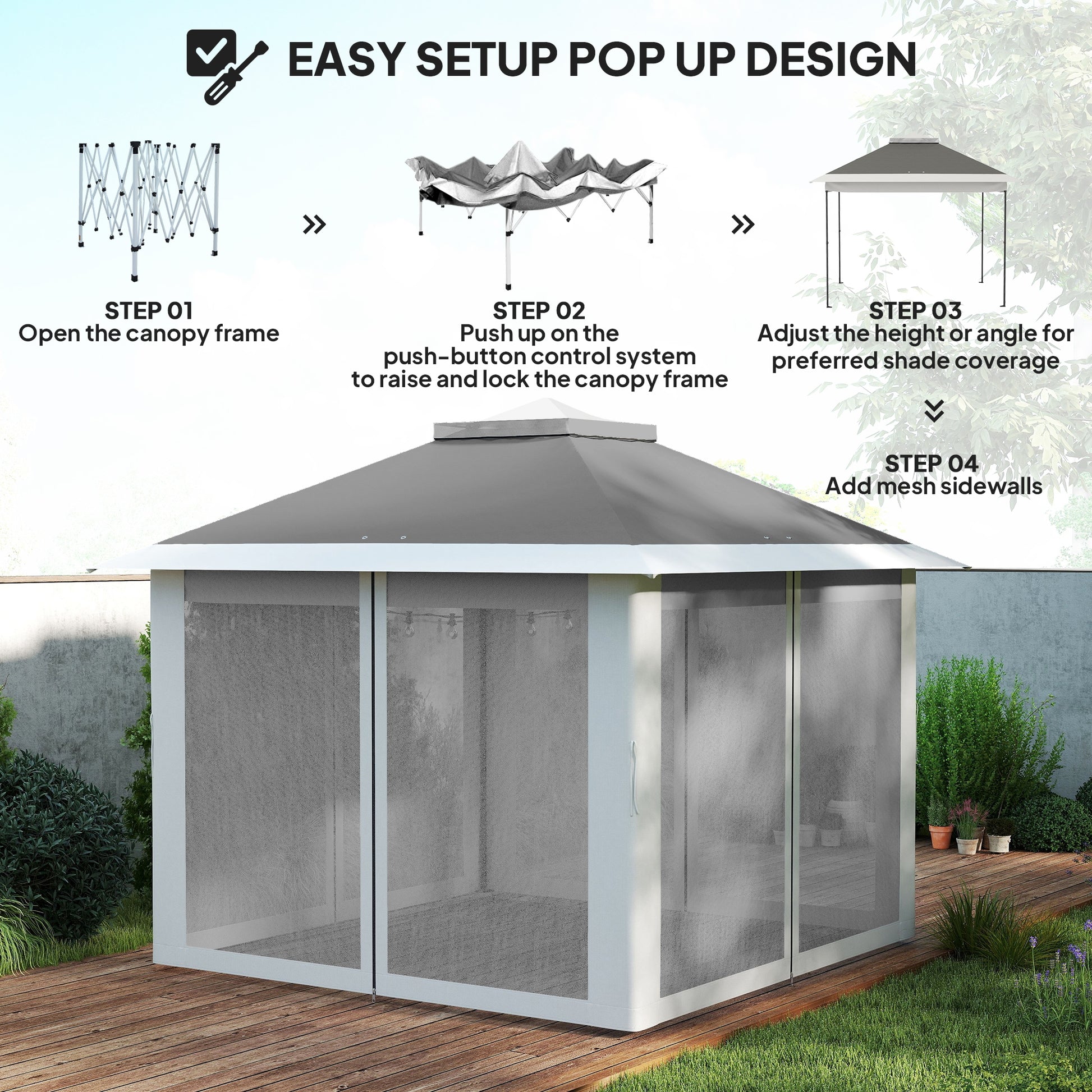 Pop Up Gazebo 11' x 11', Double Roof, Mesh Sidewalls, Adjustable Height, Carrying Bag-DECOROLALA