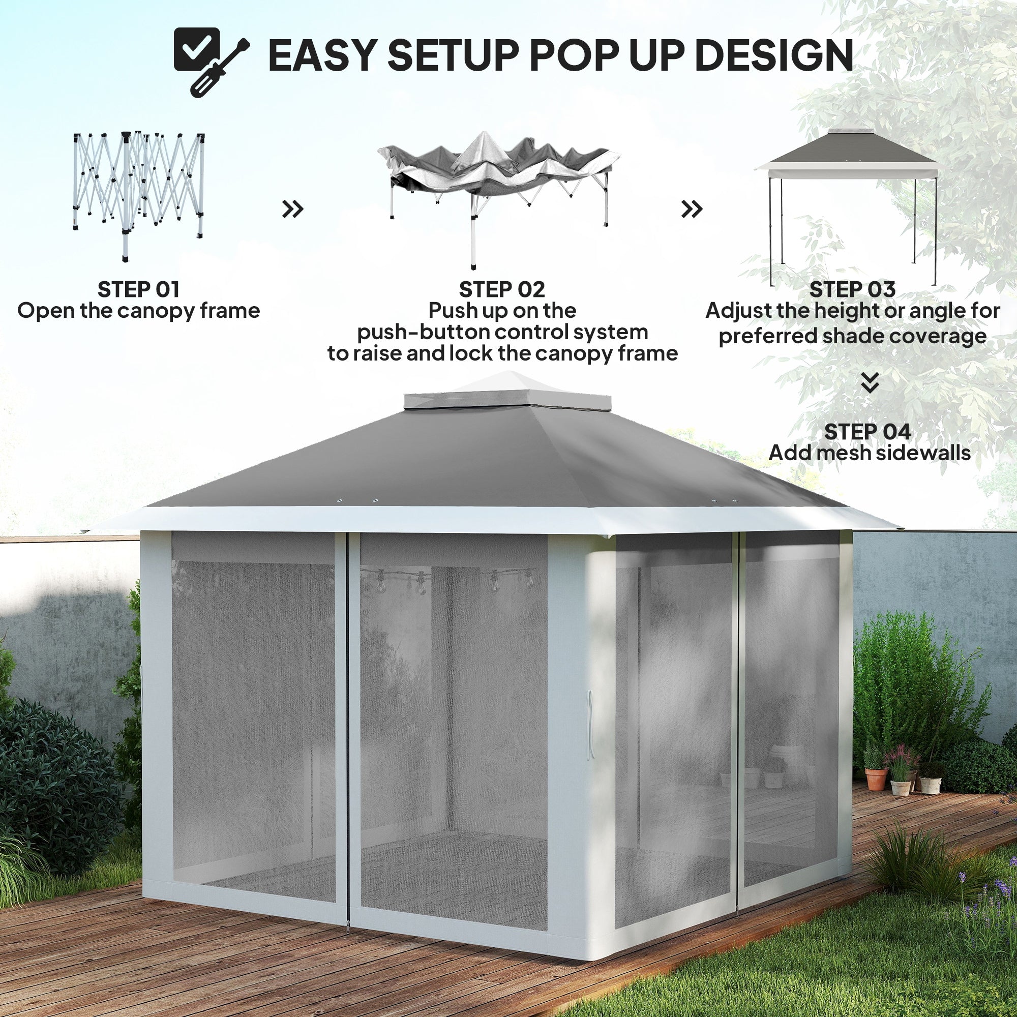 Pop Up Gazebo 11' x 11', Double Roof, Mesh Sidewalls, Adjustable Height, Carrying Bag-DECOROLALA