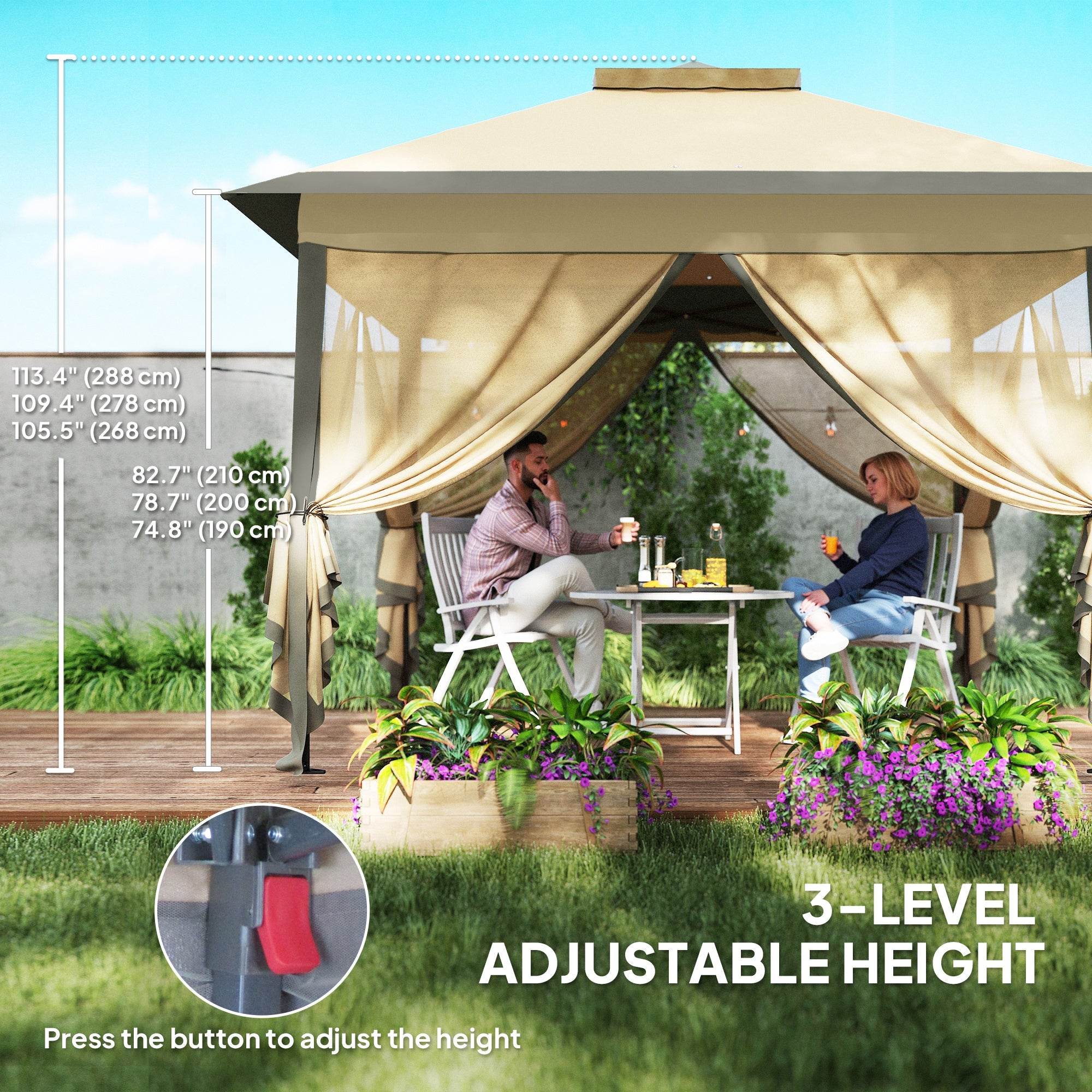 Pop Up Gazebo 11' x 11', Double Roof, Mesh Sidewalls, Adjustable Height, Carrying Bag-DECOROLALA
