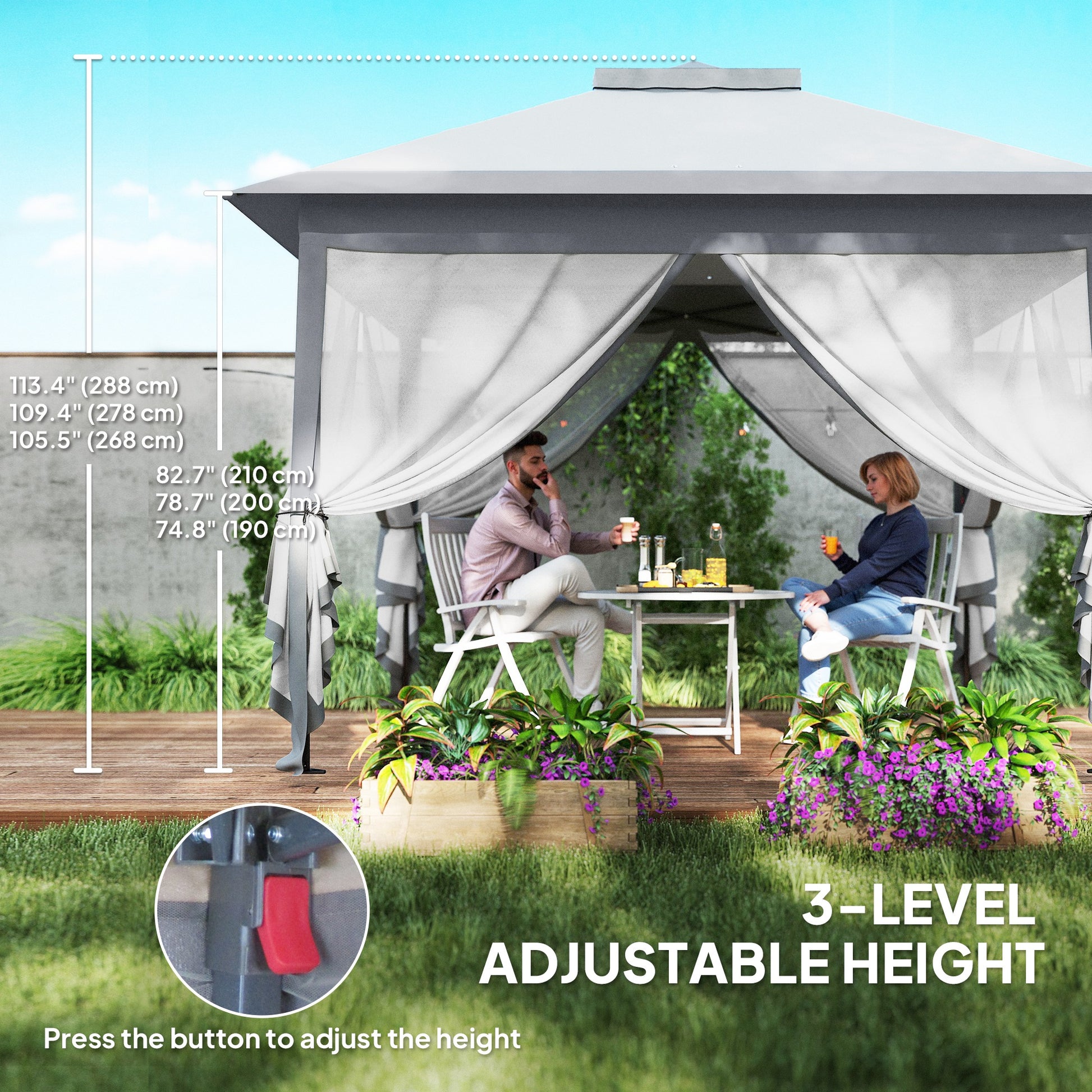 Pop Up Gazebo 11' x 11', Double Roof, Mesh Sidewalls, Adjustable Height, Carrying Bag-DECOROLALA