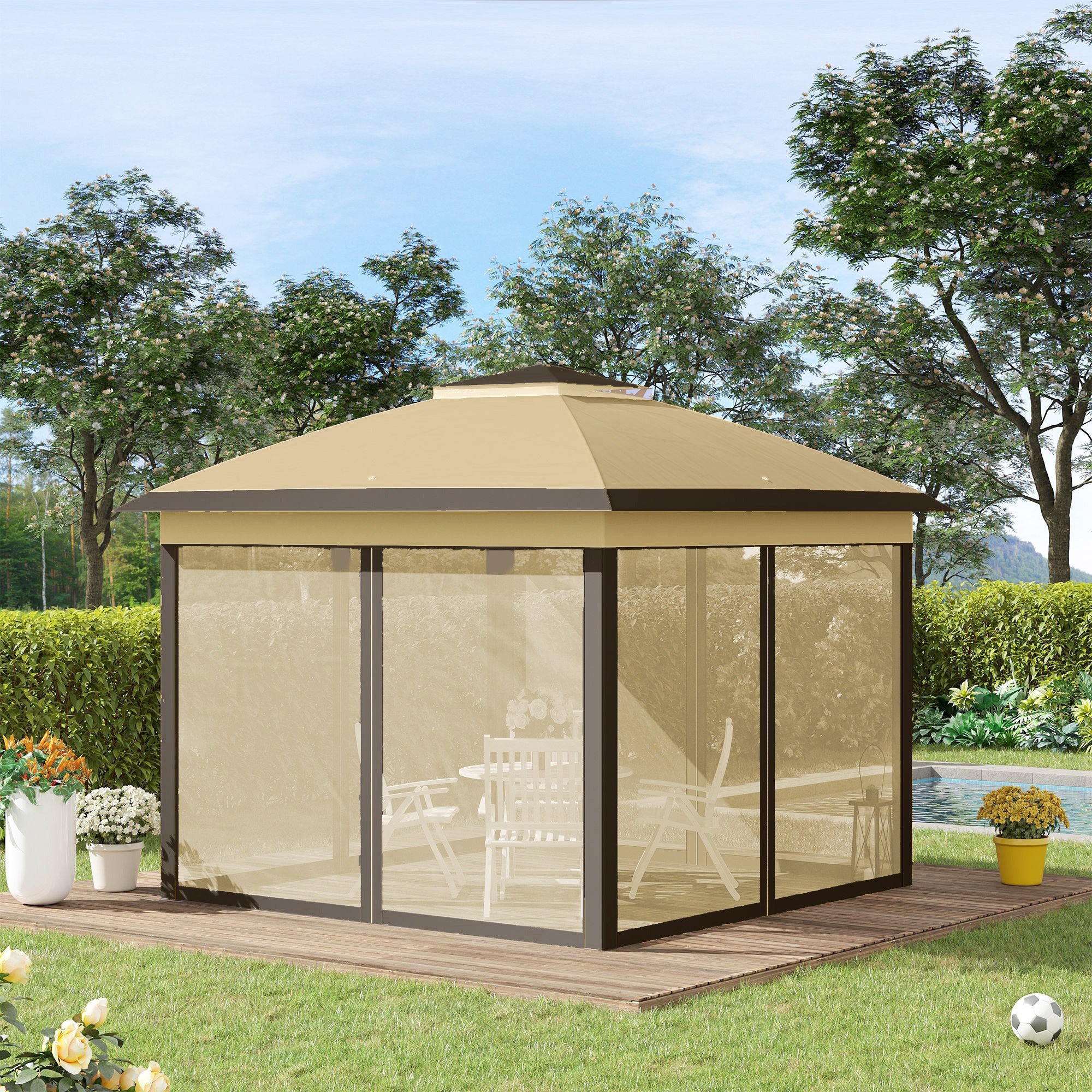 Pop Up Gazebo 11' x 11', Double Roof, Mesh Sidewalls, Adjustable Height, Carrying Bag-DECOROLALA