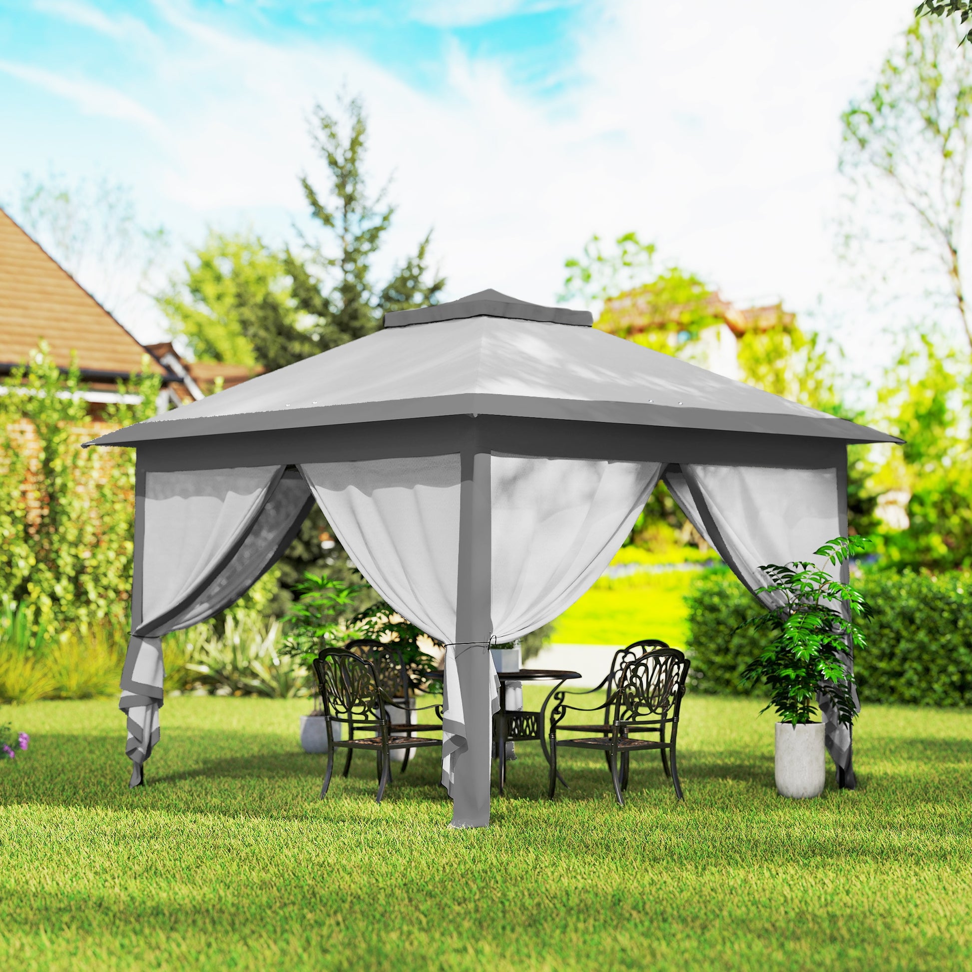 Pop Up Gazebo 11' x 11', Double Roof, Mesh Sidewalls, Adjustable Height, Carrying Bag-DECOROLALA