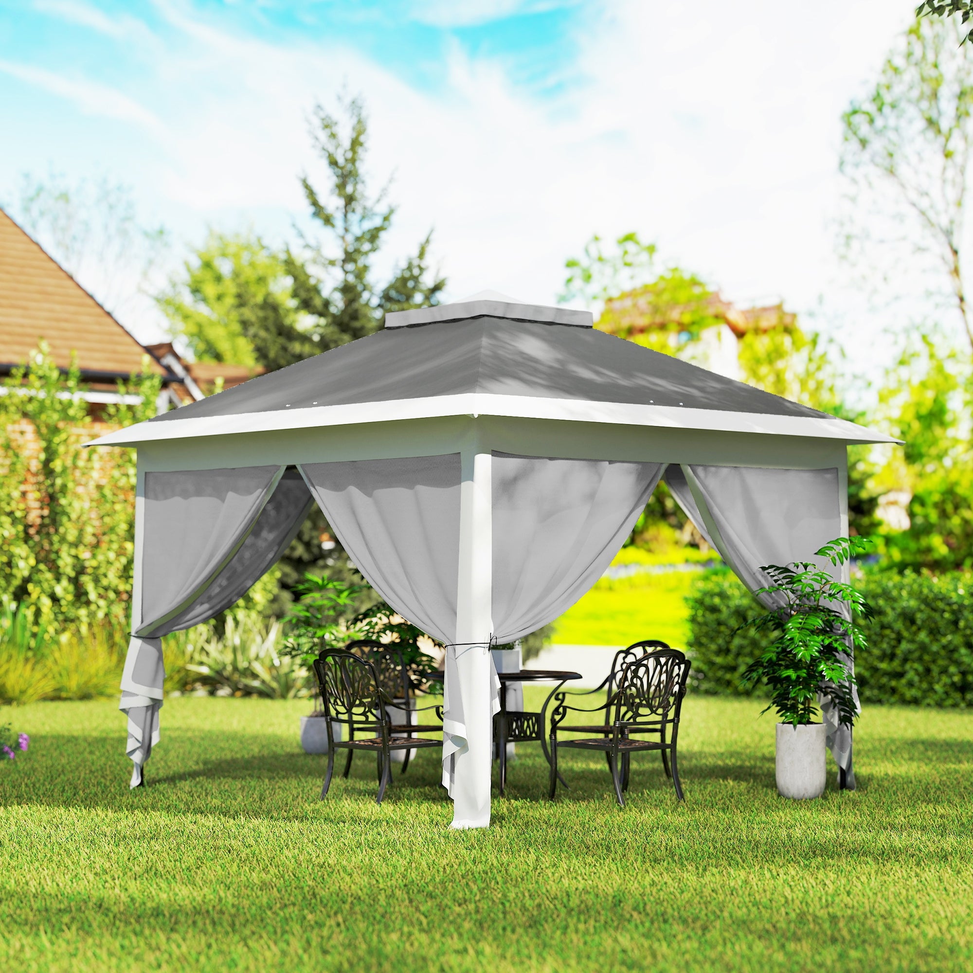 Pop Up Gazebo 11' x 11', Double Roof, Mesh Sidewalls, Adjustable Height, Carrying Bag-DECOROLALA