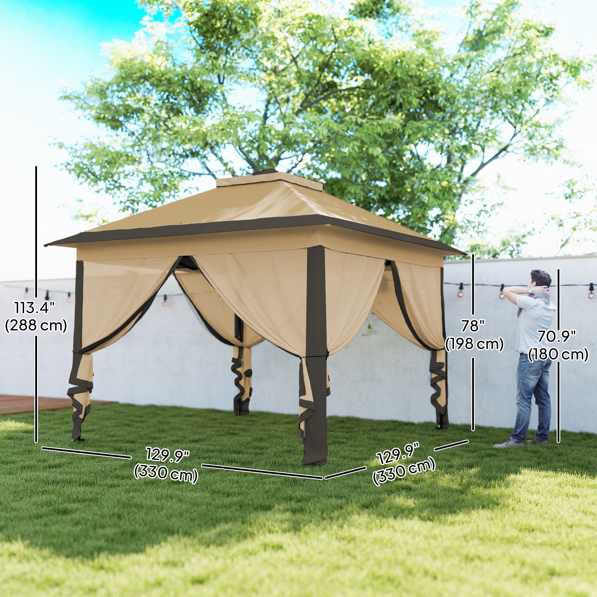 Pop Up Gazebo 11' x 11', Double Roof, Mesh Sidewalls, Adjustable Height, Carrying Bag-DECOROLALA