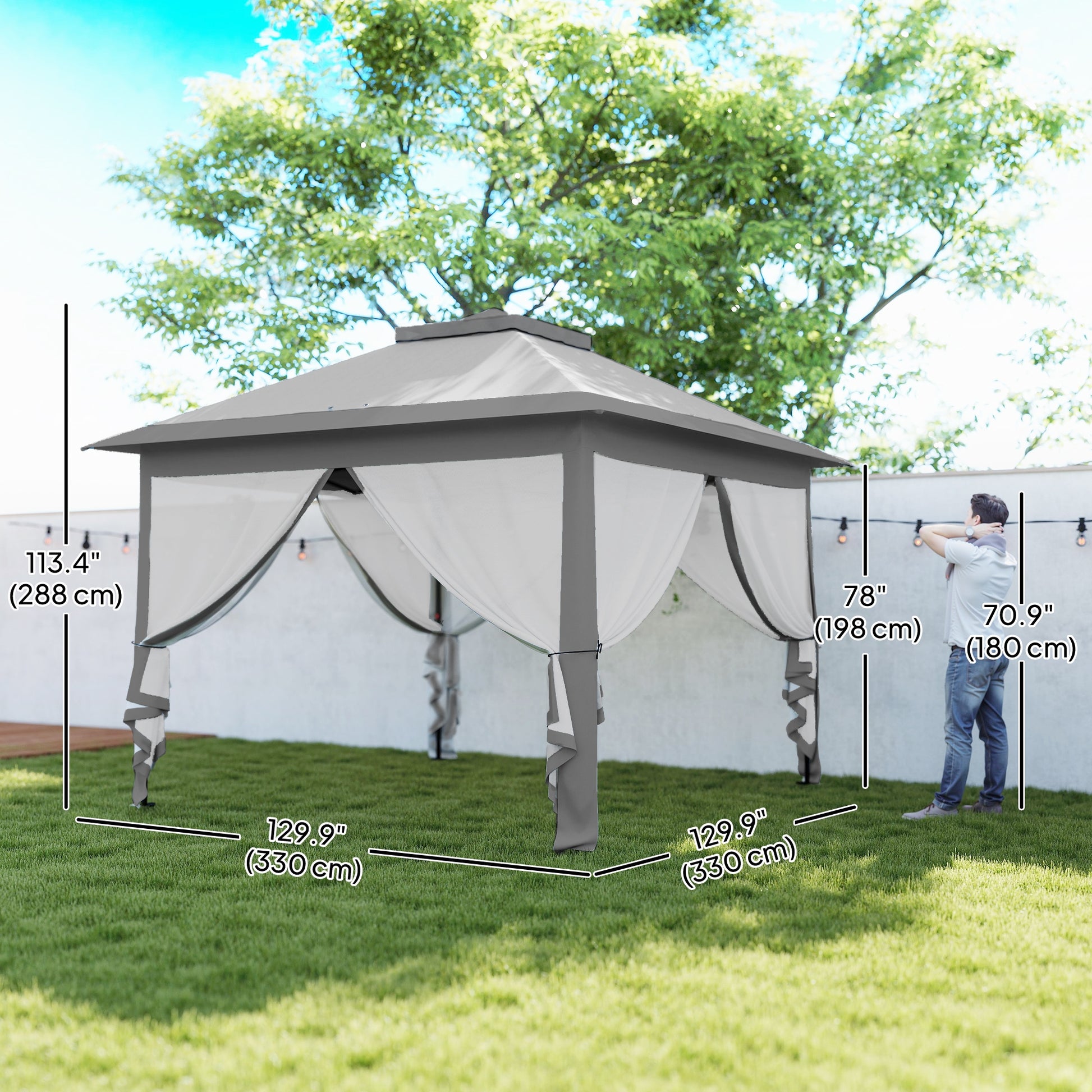 Pop Up Gazebo 11' x 11', Double Roof, Mesh Sidewalls, Adjustable Height, Carrying Bag-DECOROLALA