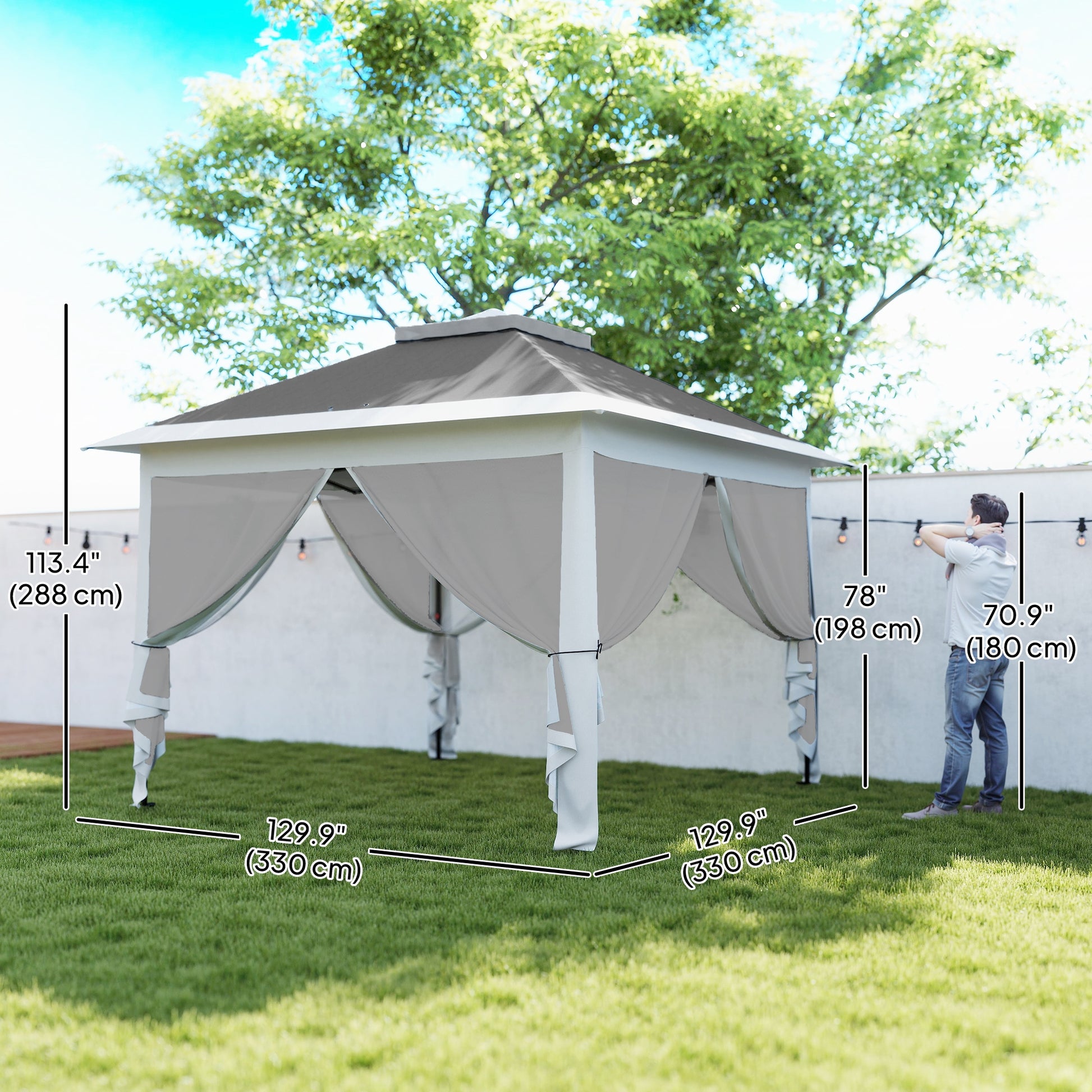Pop Up Gazebo 11' x 11', Double Roof, Mesh Sidewalls, Adjustable Height, Carrying Bag-DECOROLALA