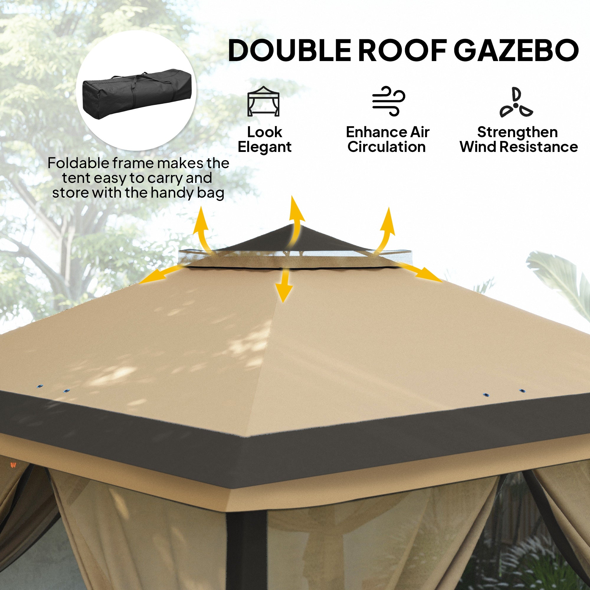 Pop Up Gazebo 11' x 11', Double Roof, Mesh Sidewalls, Adjustable Height, Carrying Bag-DECOROLALA