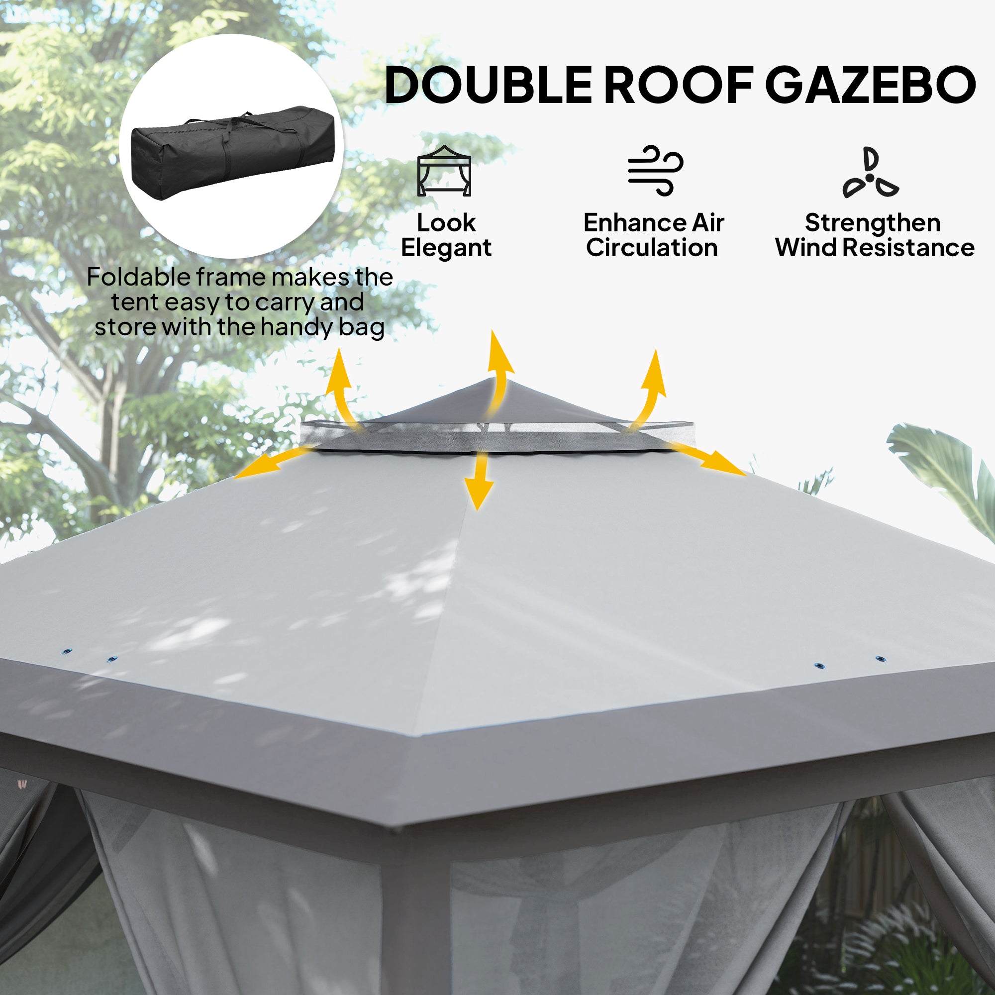 Pop Up Gazebo 11' x 11', Double Roof, Mesh Sidewalls, Adjustable Height, Carrying Bag-DECOROLALA