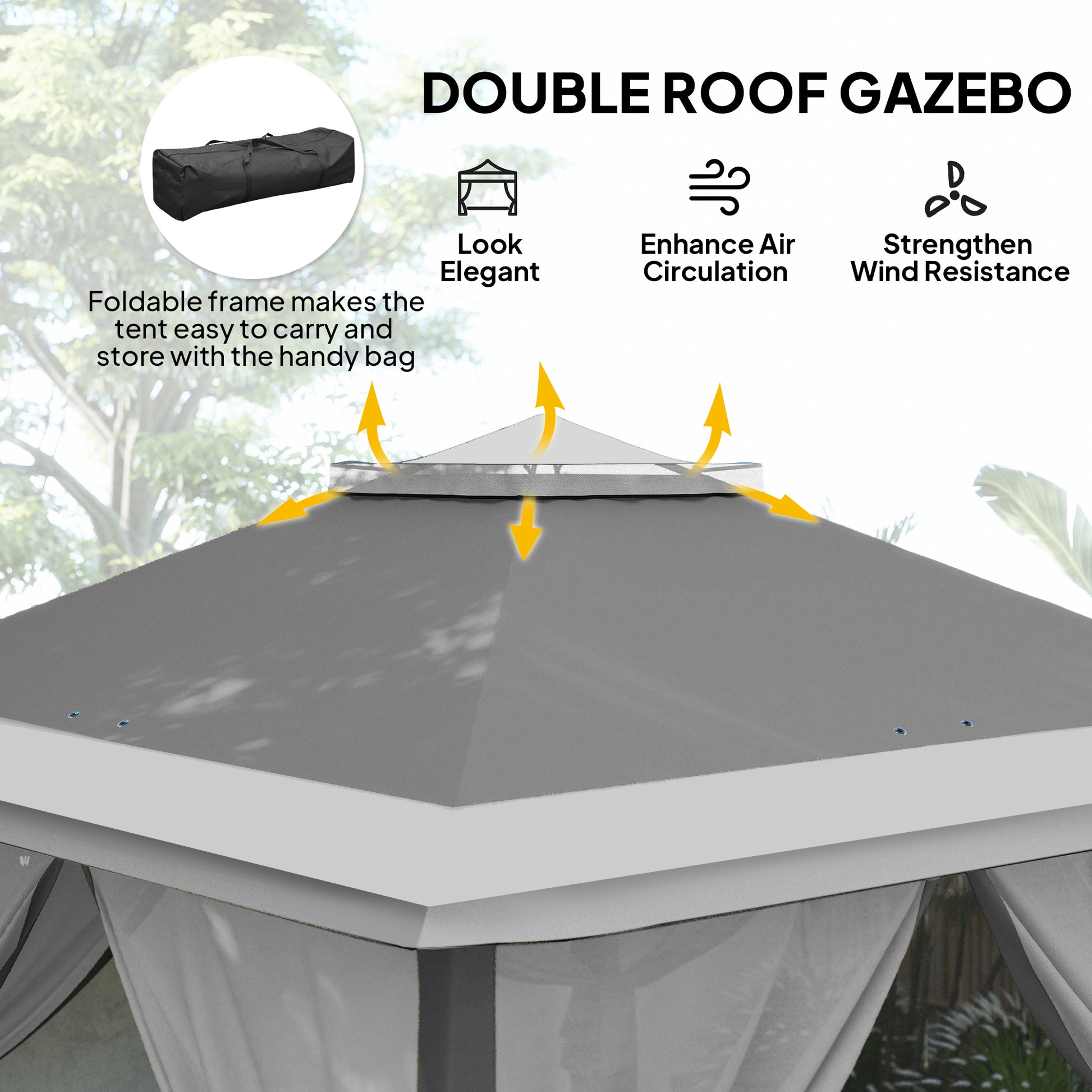 Pop Up Gazebo 11' x 11', Double Roof, Mesh Sidewalls, Adjustable Height, Carrying Bag-DECOROLALA