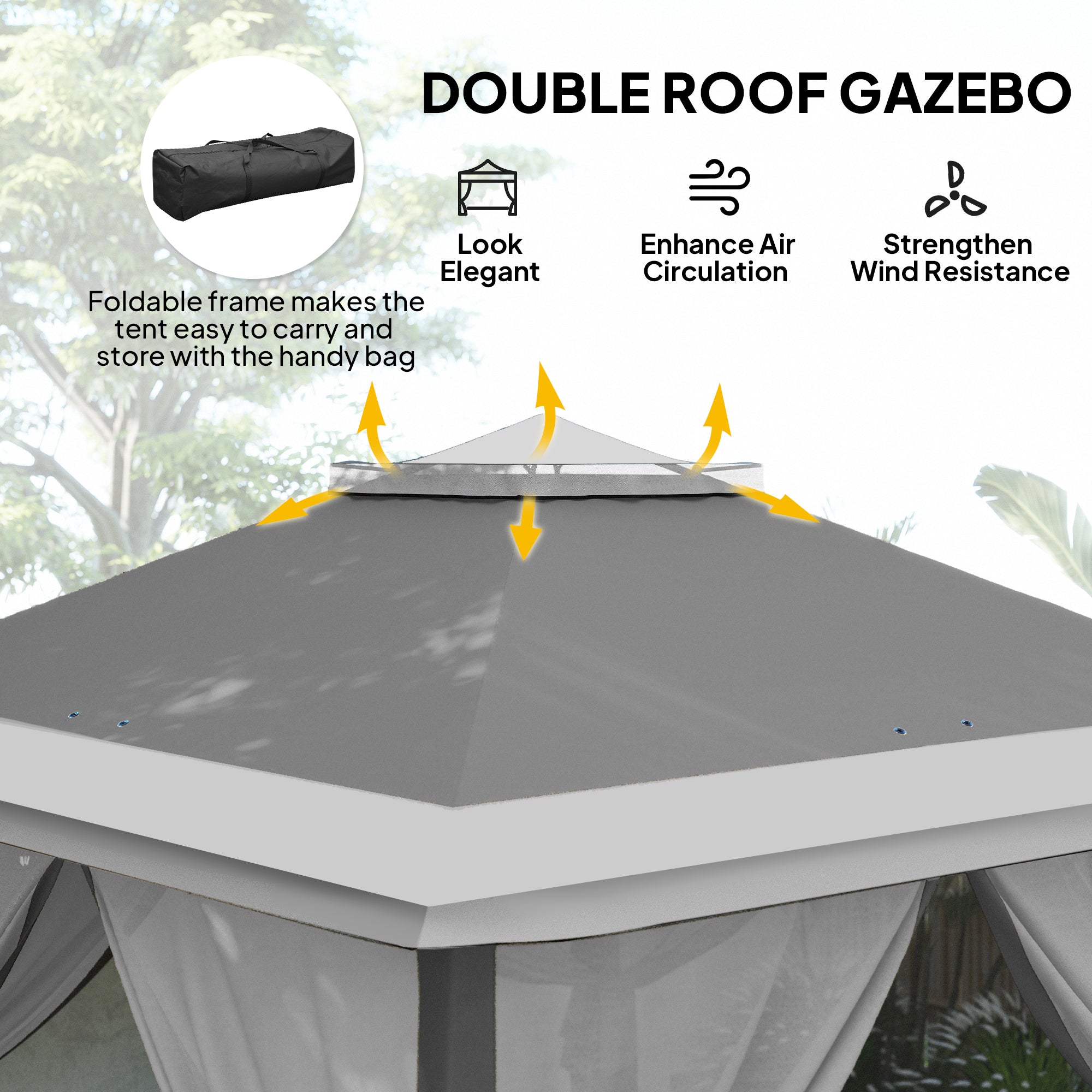 Pop Up Gazebo 11' x 11', Double Roof, Mesh Sidewalls, Adjustable Height, Carrying Bag-DECOROLALA