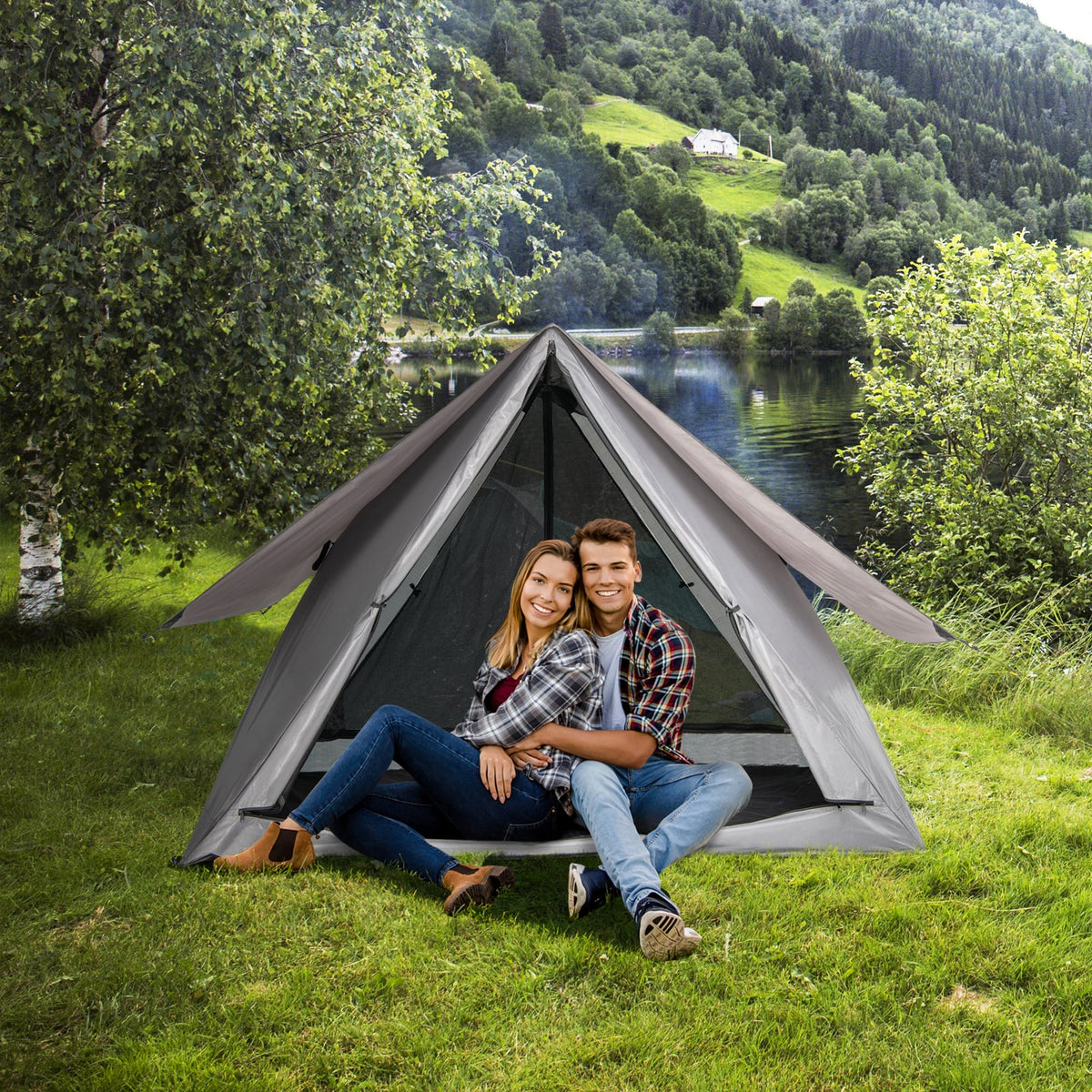 Pop-up Camping Tent for 2-3 People with Carry Bag and Rainfly for Backpacking Hiking Trip-Gray-Tents-DECOROLALA