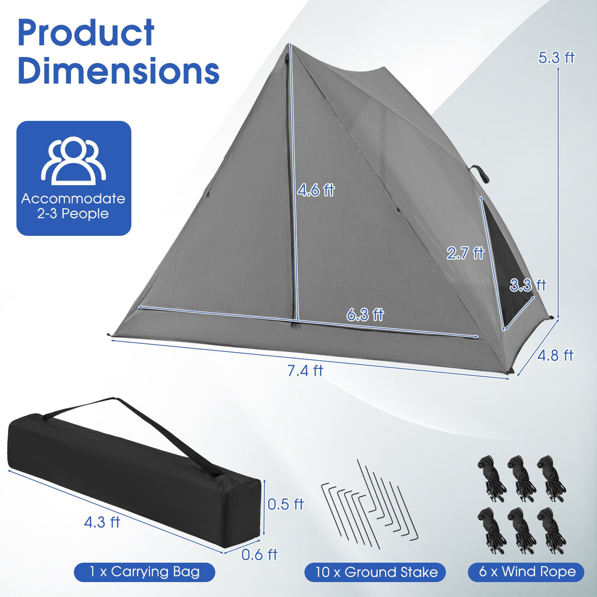 Pop-up Camping Tent for 2-3 People with Carry Bag and Rainfly for Backpacking Hiking Trip-Gray-Tents-DECOROLALA