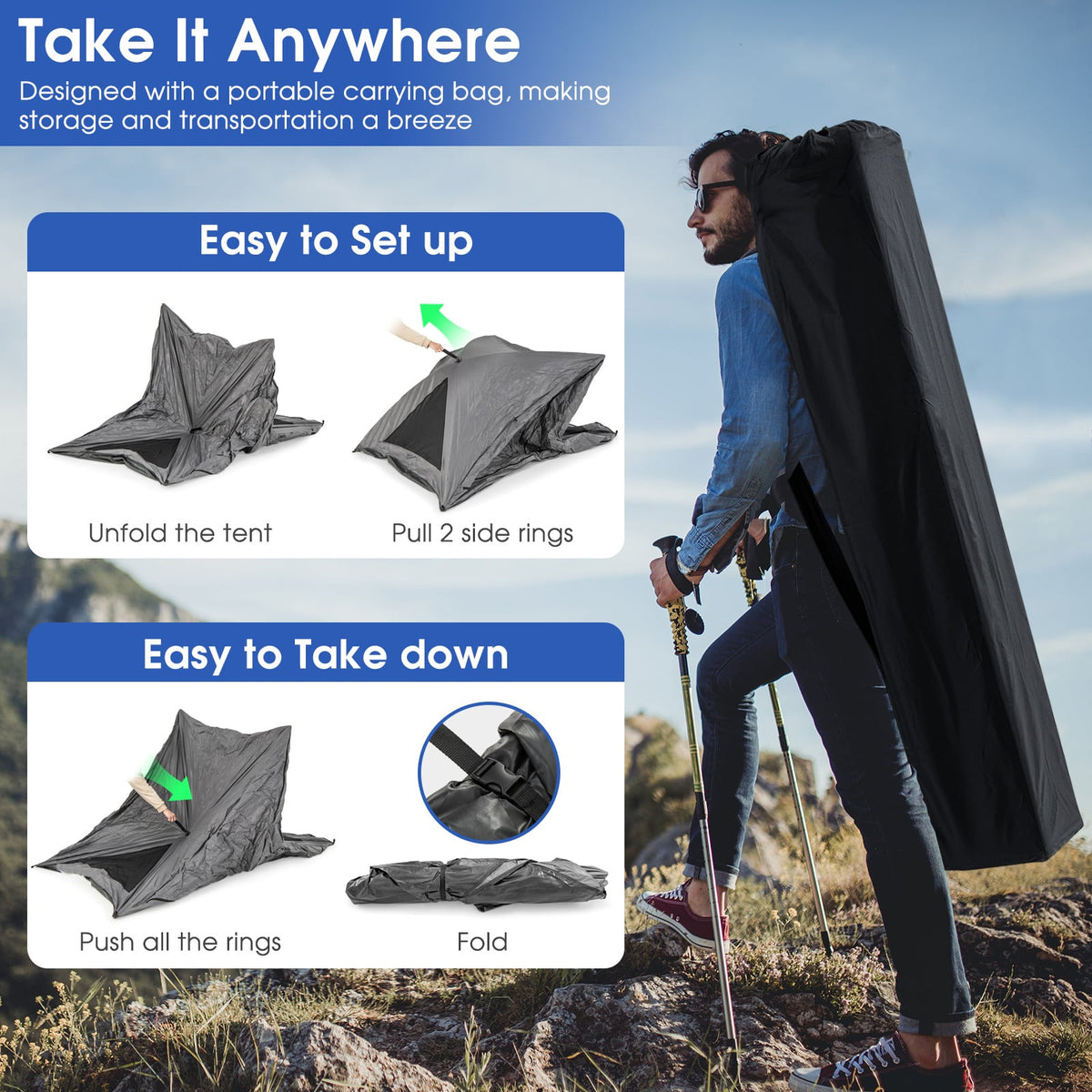 Pop-up Camping Tent for 2-3 People with Carry Bag and Rainfly for Backpacking Hiking Trip-Gray-Tents-DECOROLALA